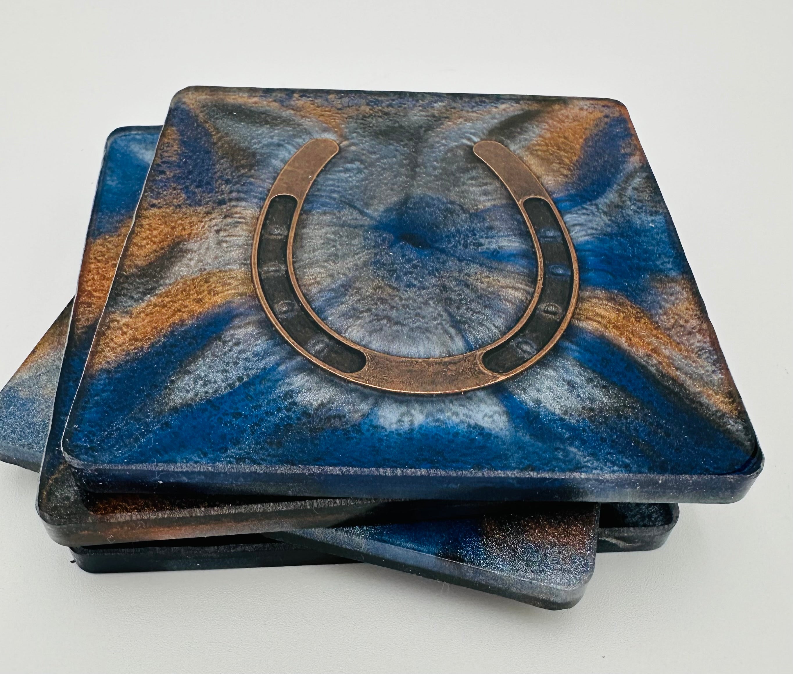 Handcrafted Resin Coasters with Horseshoe Inlay, Set of 4