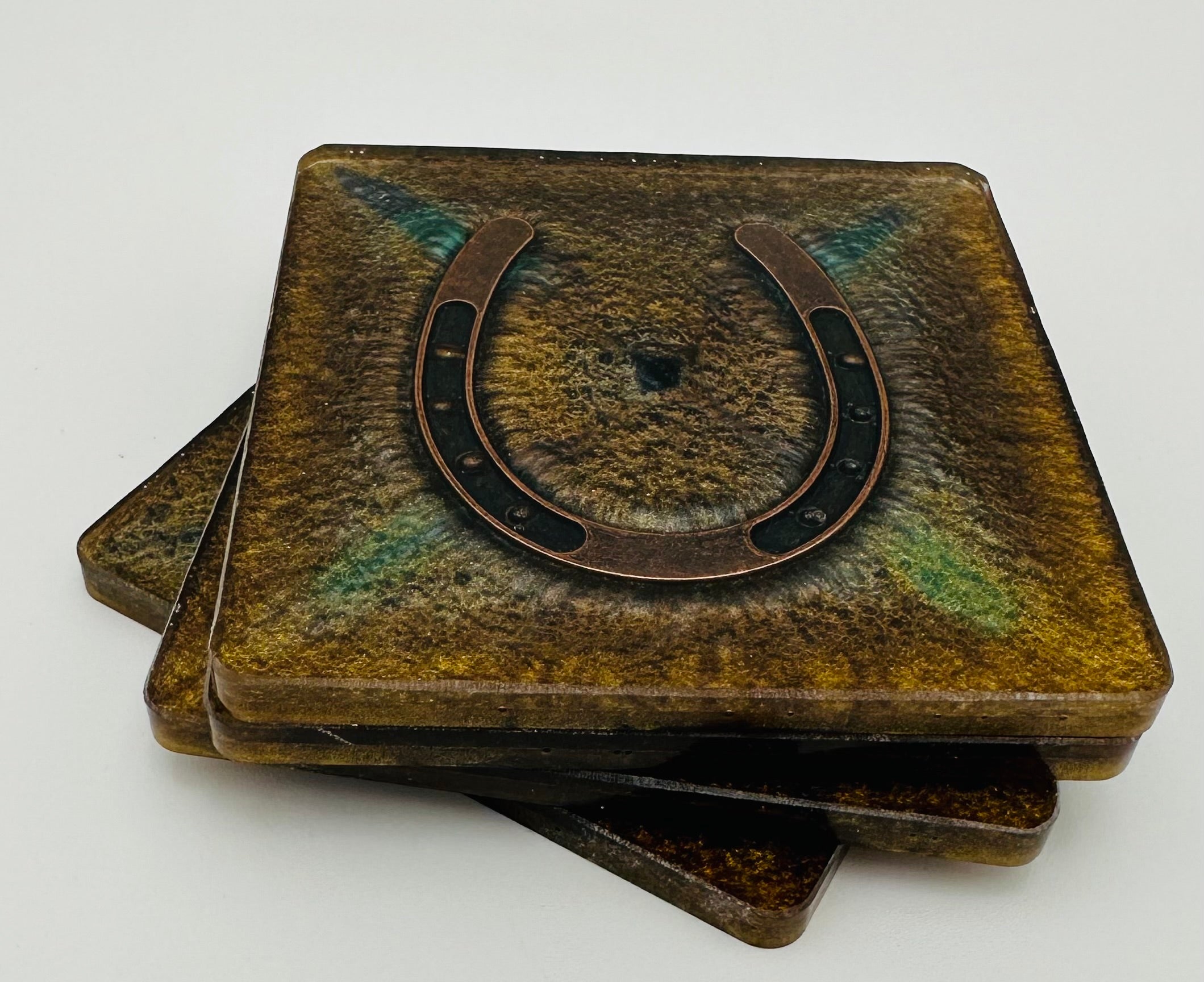 Handcrafted Resin Coasters with Horseshoe Inlay, Set of 4