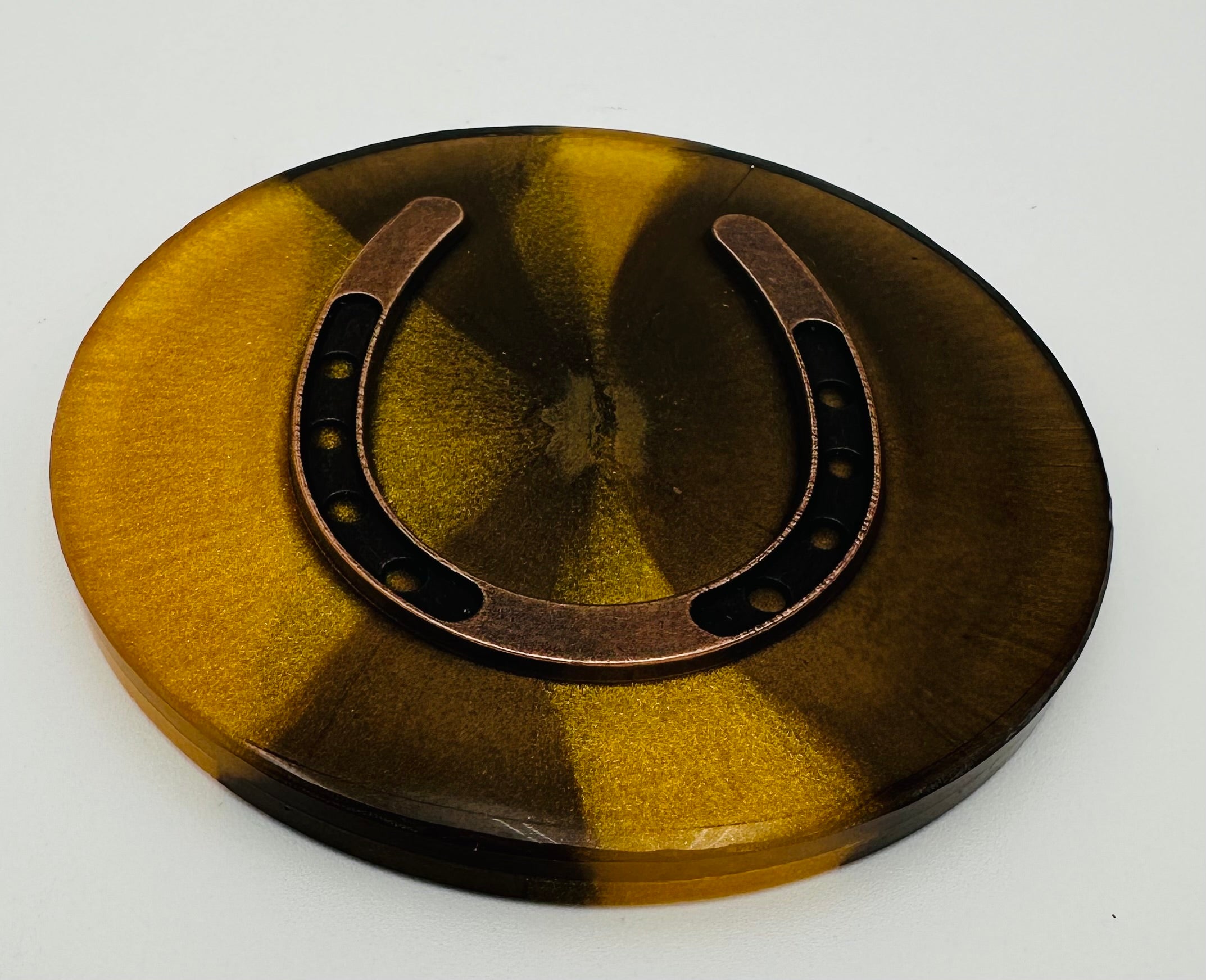 Handcrafted Equestrian Themed Resin Coasters with Antique Brass Horseshoe Inlay, Set of 4 Round