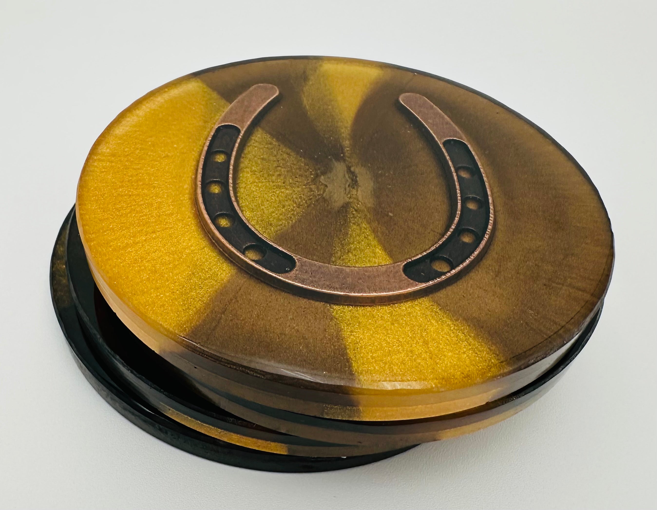 Handcrafted Equestrian Themed Resin Coasters with Antique Brass Horseshoe Inlay, Set of 4 Round