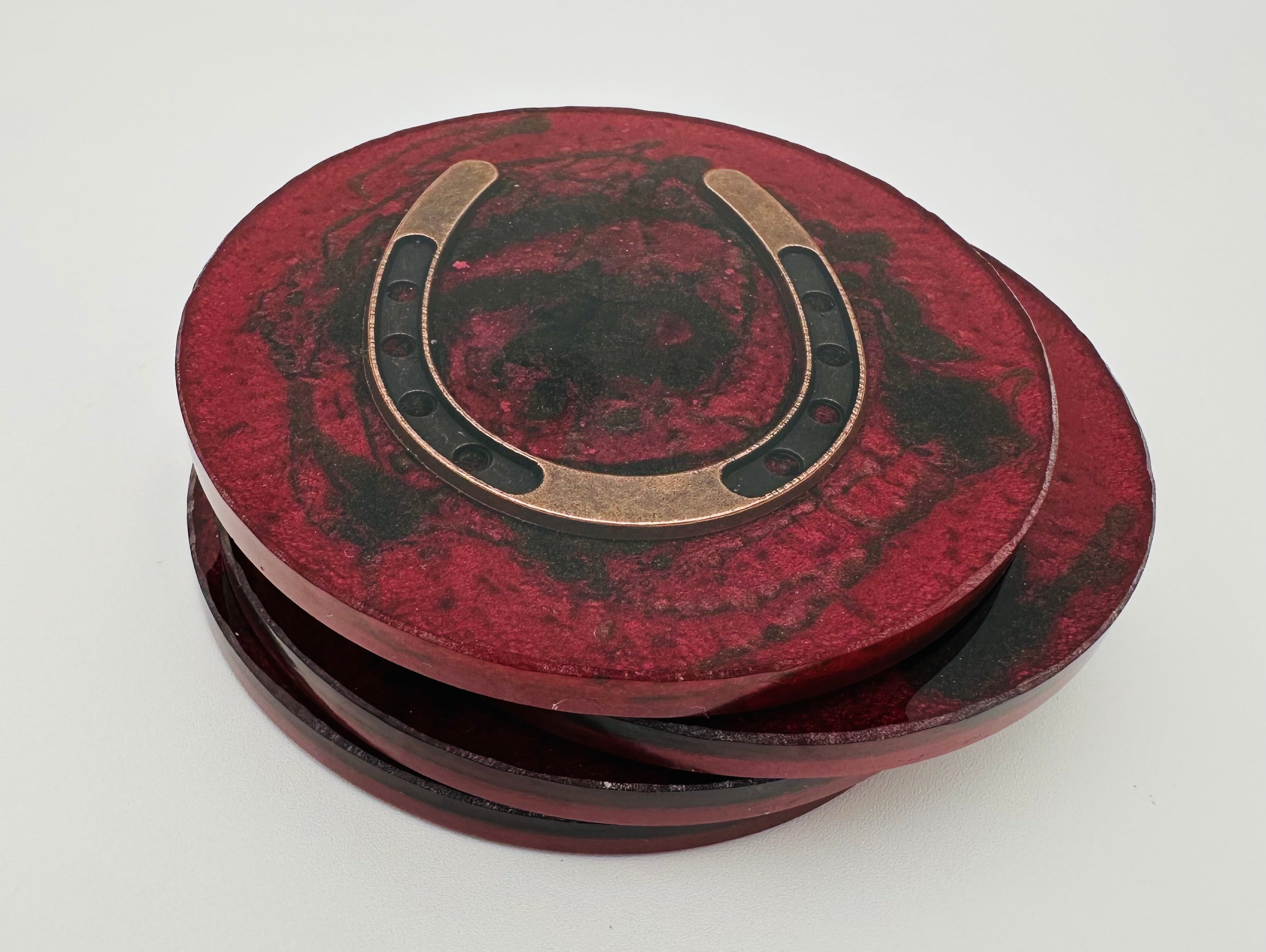Handcrafted Equestrian Themed Resin Coasters with Antique Brass Horseshoe Inlay, Set of 4 Round