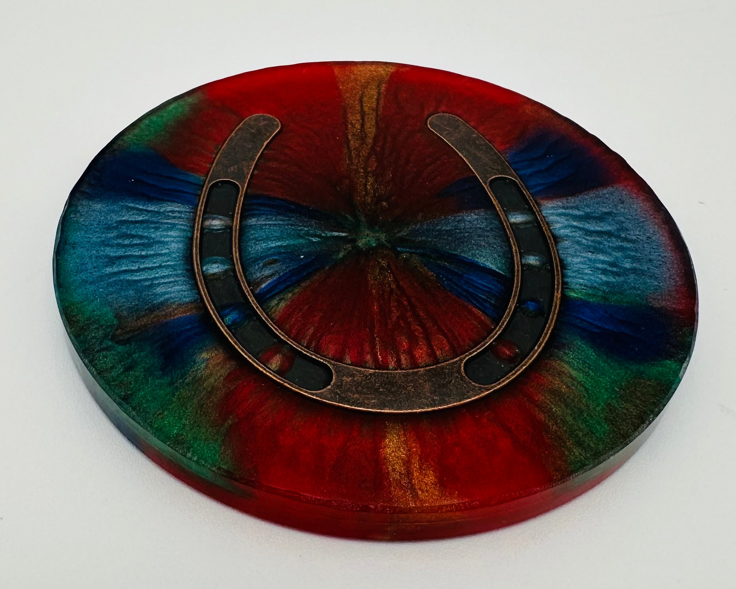 Handcrafted Equestrian Themed Resin Coasters with Antique Brass Horseshoe Inlay, Set of 4 Round