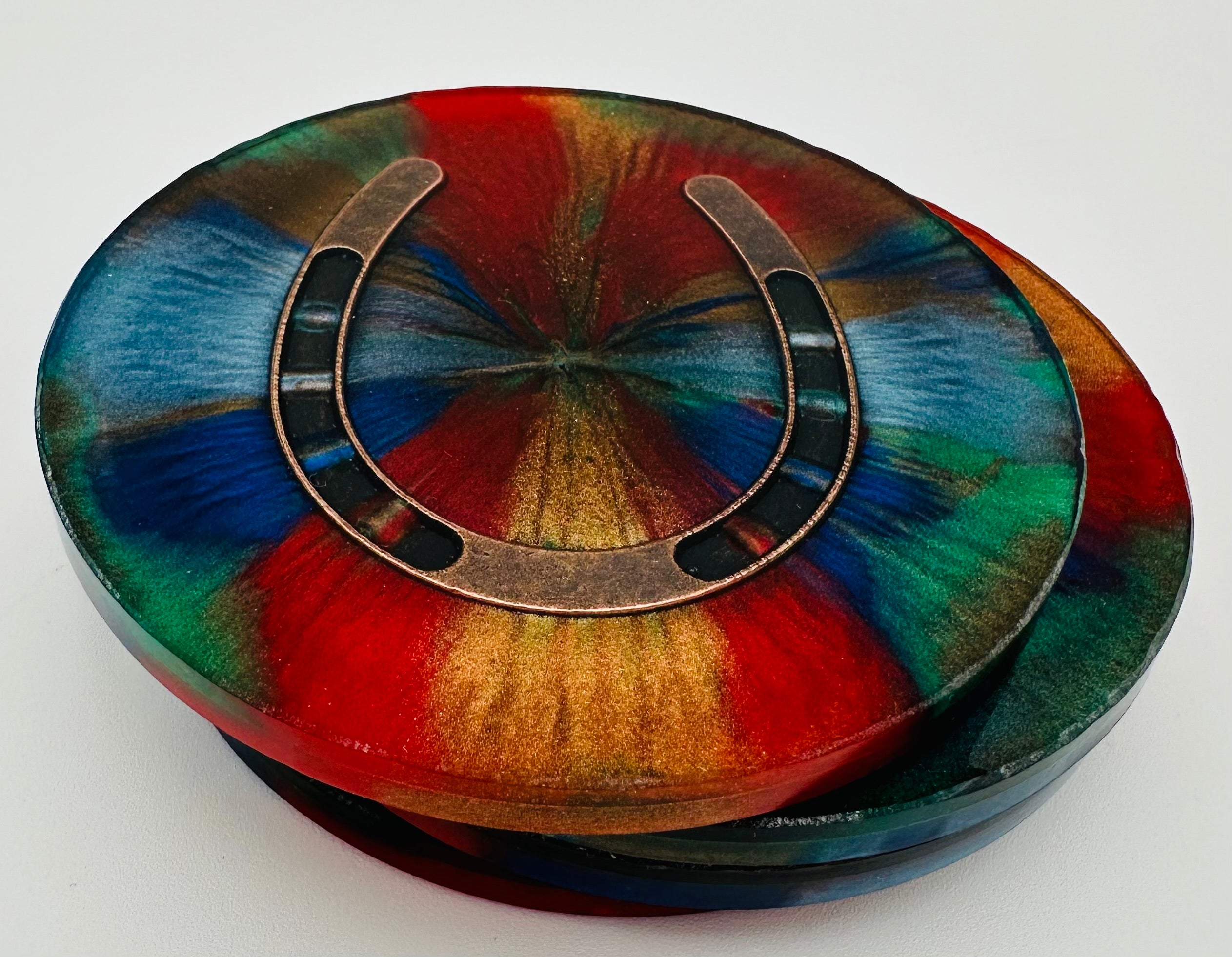 Handcrafted Equestrian Themed Resin Coasters with Antique Brass Horseshoe Inlay, Set of 4 Round