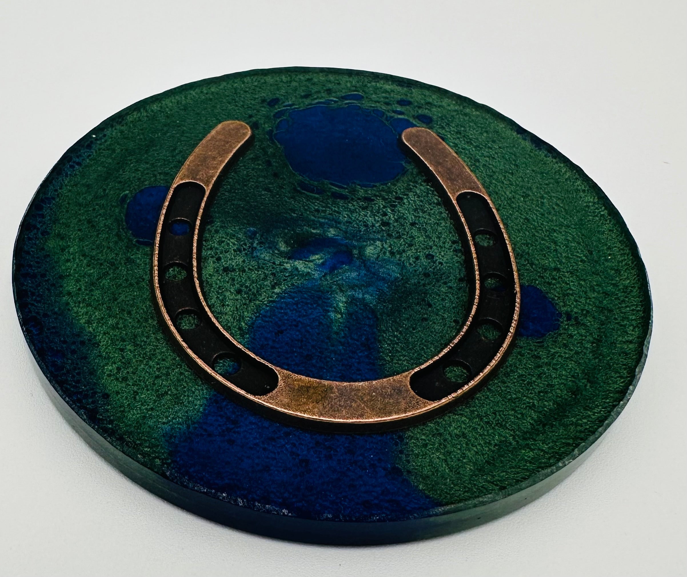 Handcrafted Equestrian Themed Resin Coasters with Antique Brass Horseshoe Inlay, Set of 4 Round