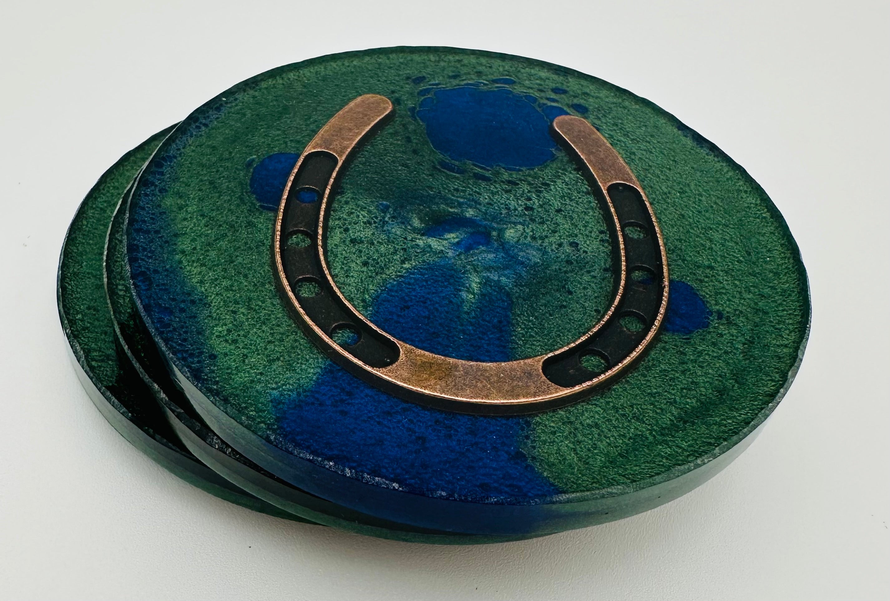 Handcrafted Equestrian Themed Resin Coasters with Antique Brass Horseshoe Inlay, Set of 4 Round