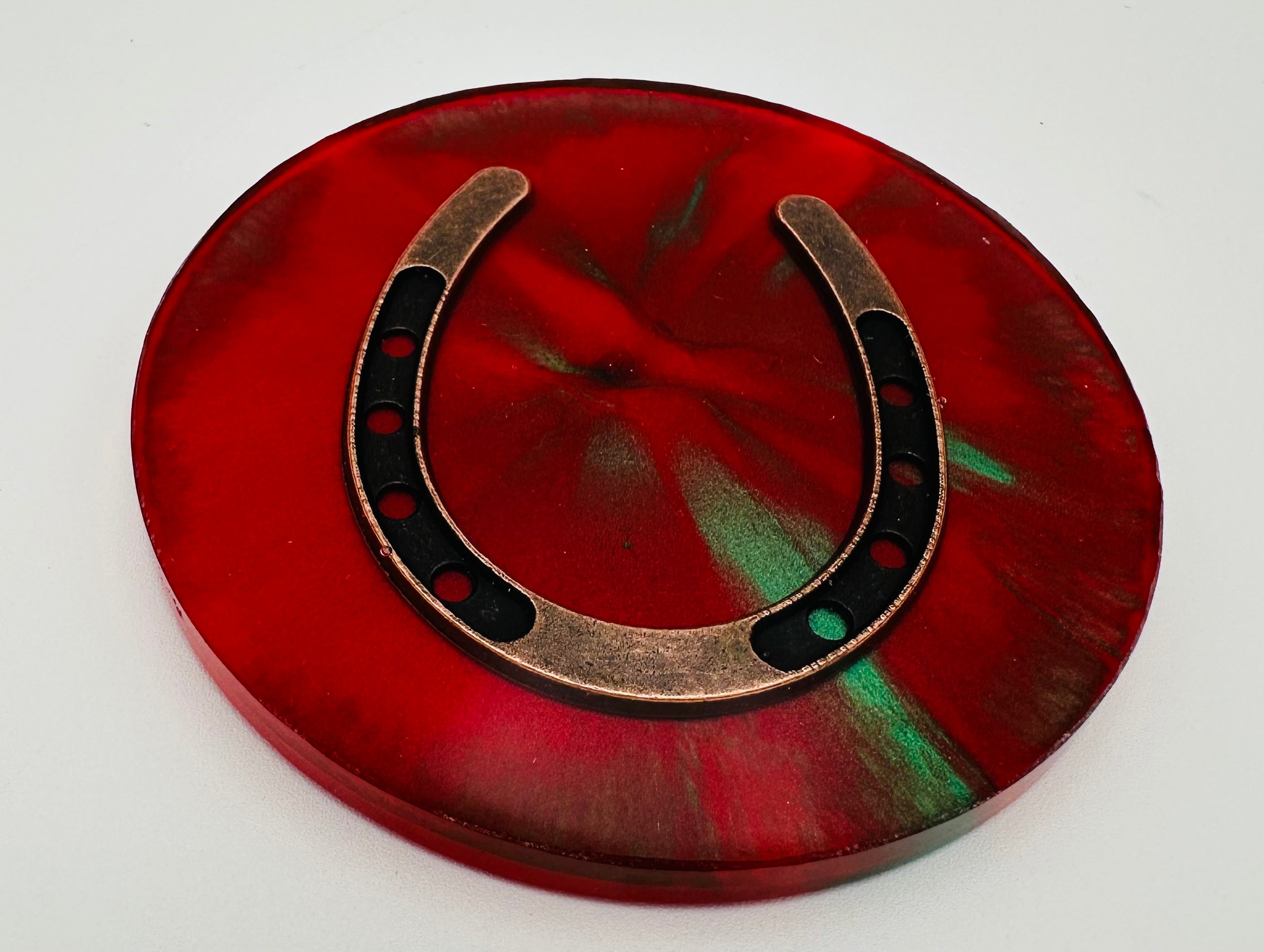Handcrafted Equestrian Themed Resin Coasters with Antique Brass Horseshoe Inlay, Set of 4 Round