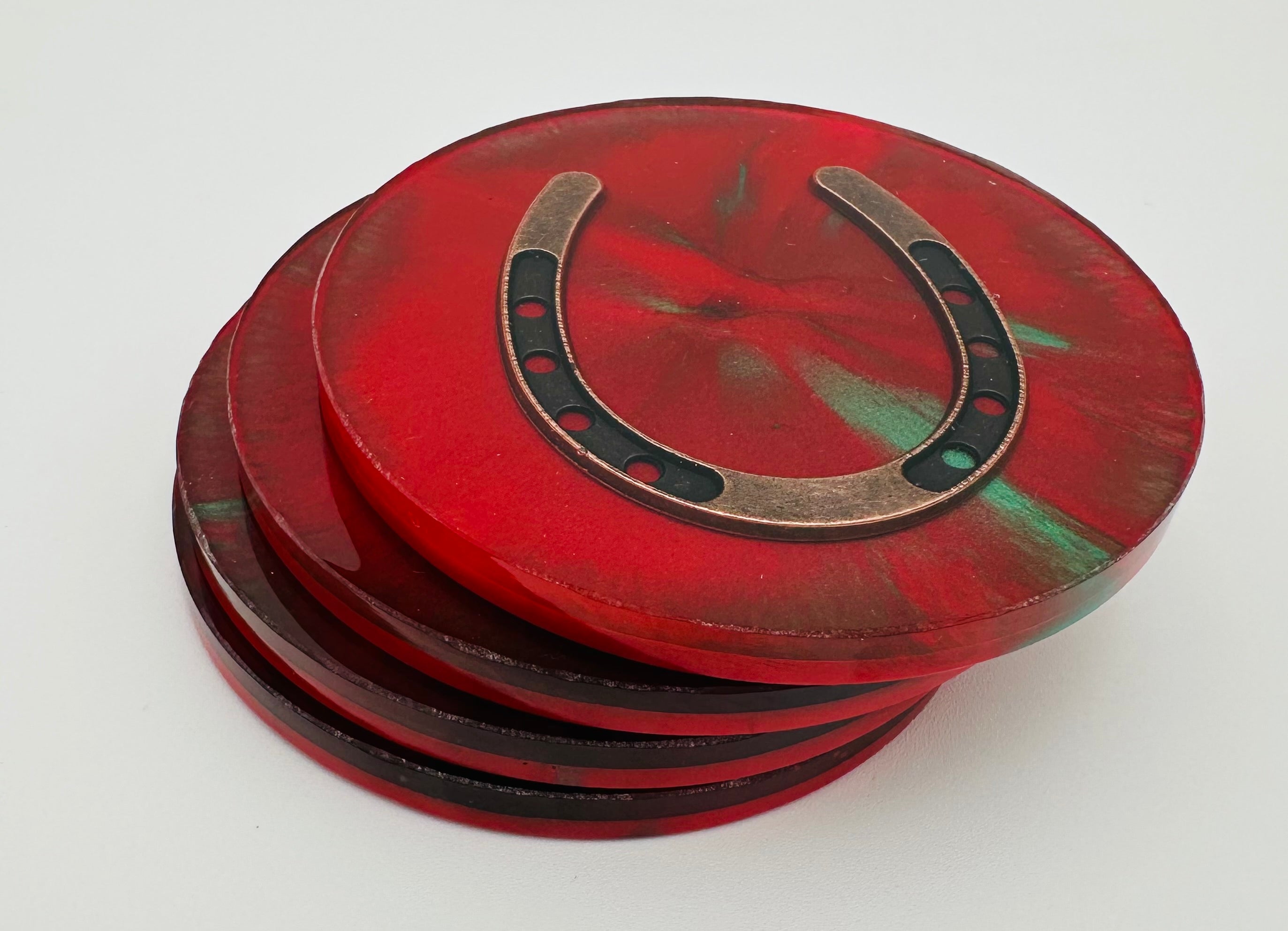 Handcrafted Equestrian Themed Resin Coasters with Antique Brass Horseshoe Inlay, Set of 4 Round