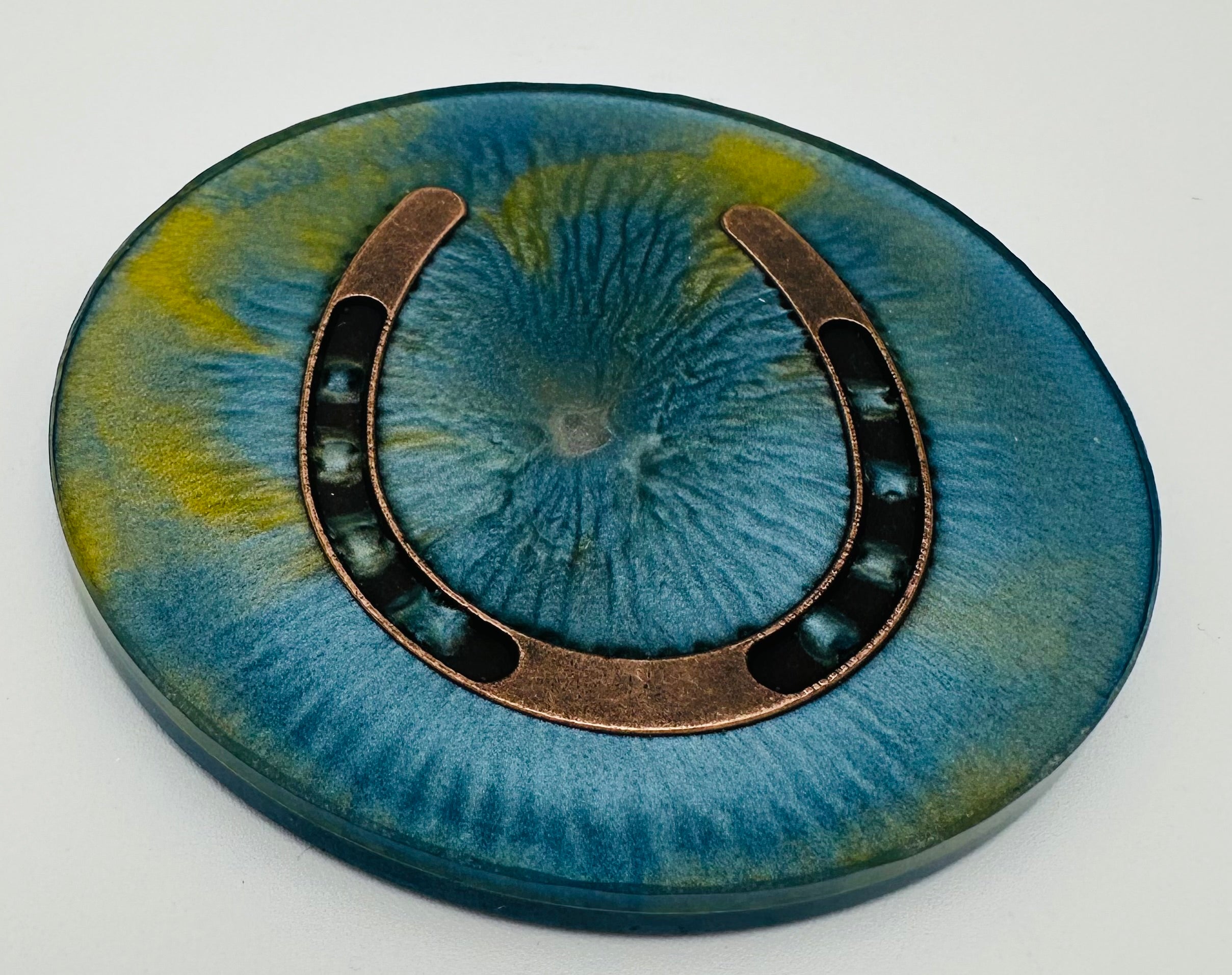 Handcrafted Equestrian Themed Resin Coasters with Antique Brass Horseshoe Inlay, Set of 4 Round