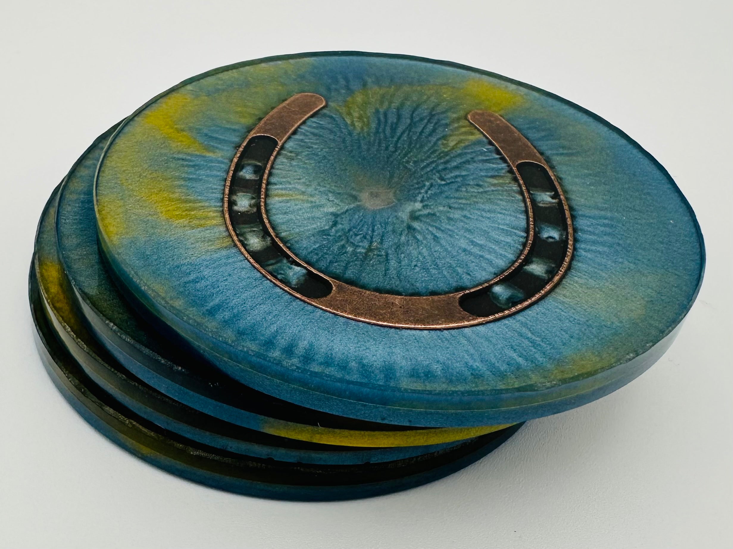 Handcrafted Equestrian Themed Resin Coasters with Antique Brass Horseshoe Inlay, Set of 4 Round