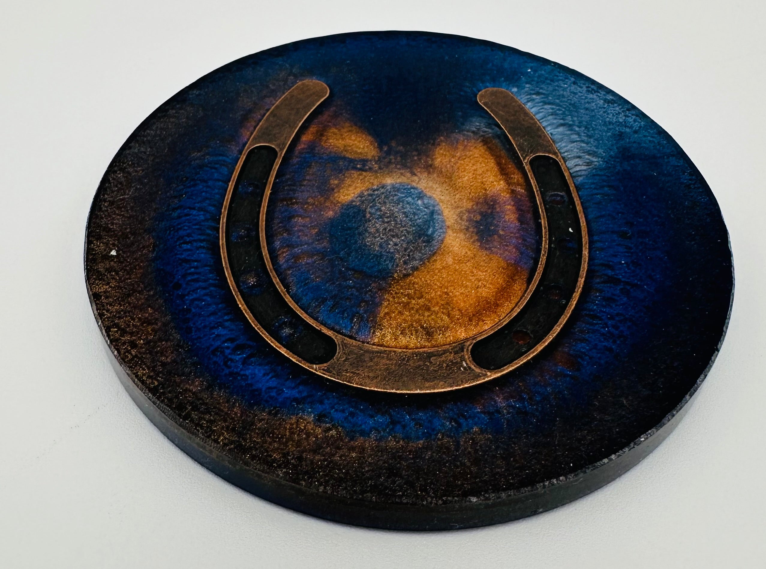 Handcrafted Equestrian Themed Resin Coasters with Antique Brass Horseshoe Inlay, Set of 4 Round