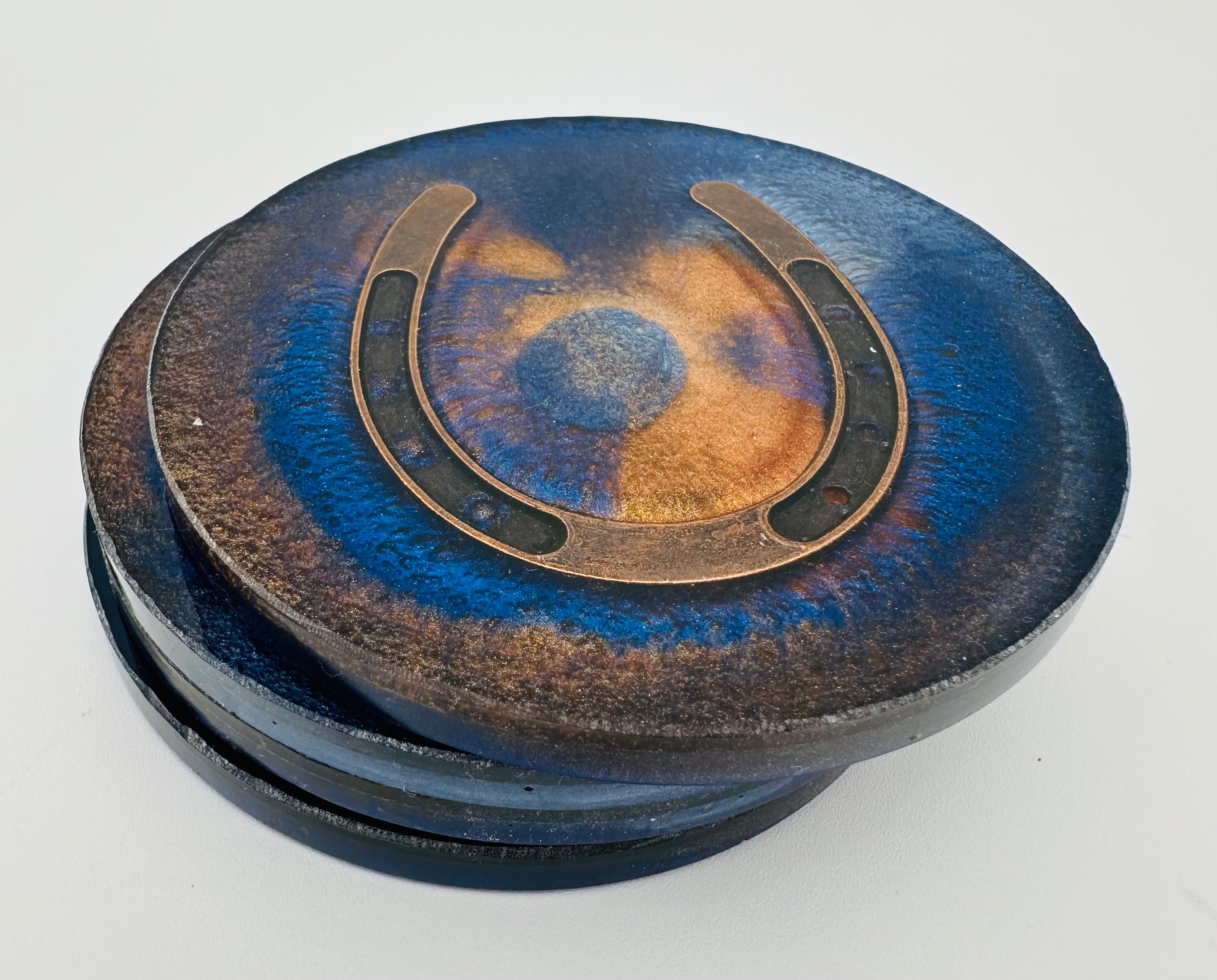 Handcrafted Equestrian Themed Resin Coasters with Antique Brass Horseshoe Inlay, Set of 4 Round