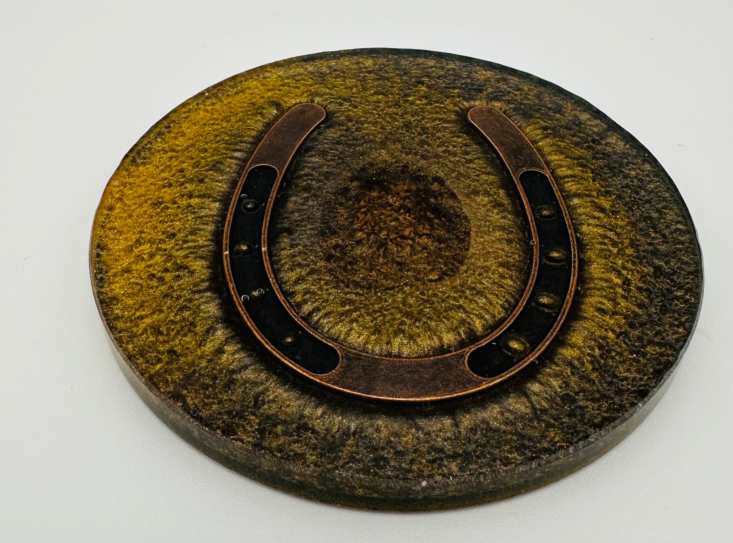 Handcrafted Equestrian Themed Resin Coasters with Antique Brass Horseshoe Inlay, Set of 4 Round