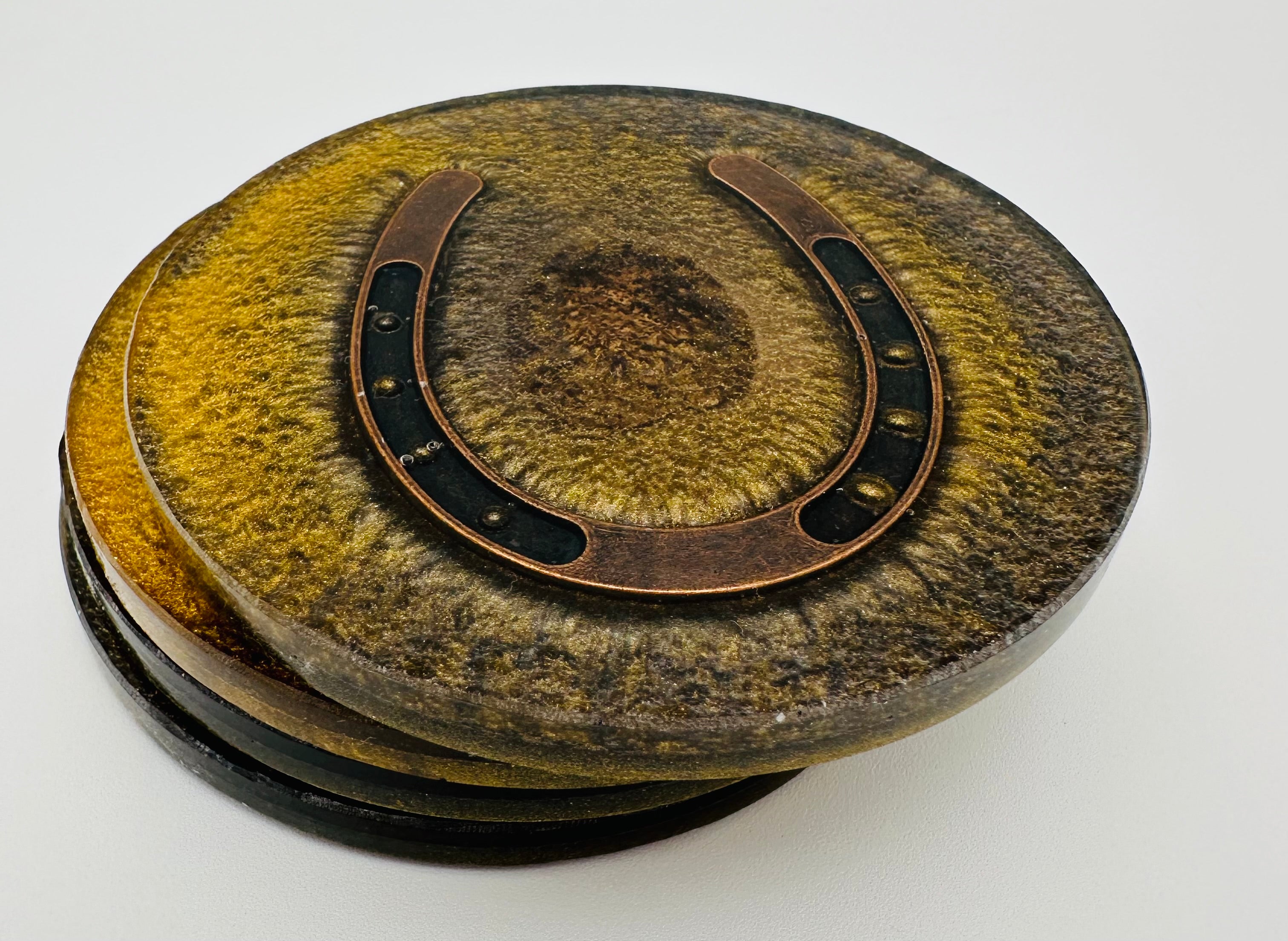 Handcrafted Equestrian Themed Resin Coasters with Antique Brass Horseshoe Inlay, Set of 4 Round