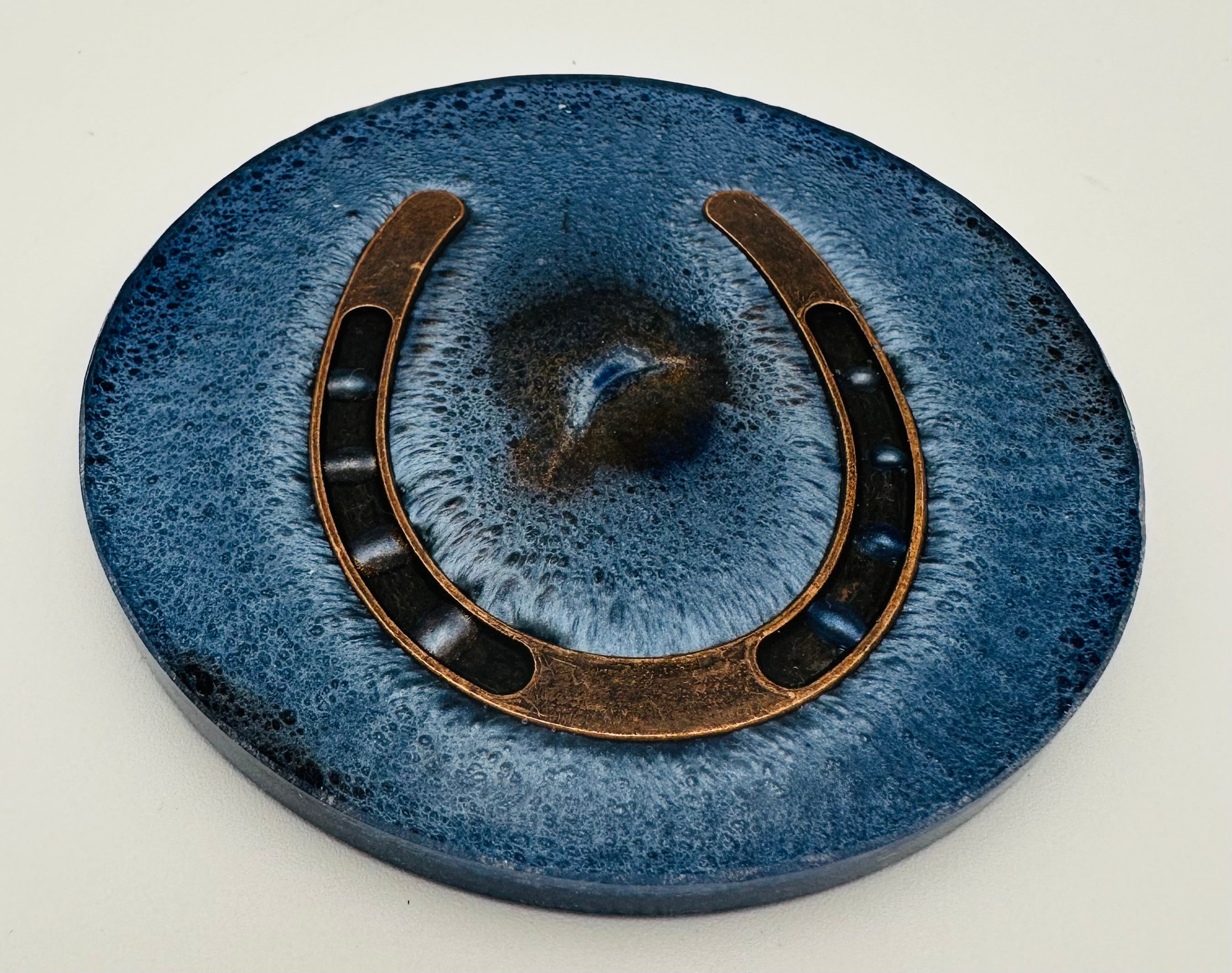 Handcrafted Equestrian Themed Resin Coasters with Antique Brass Horseshoe Inlay, Set of 4 Round