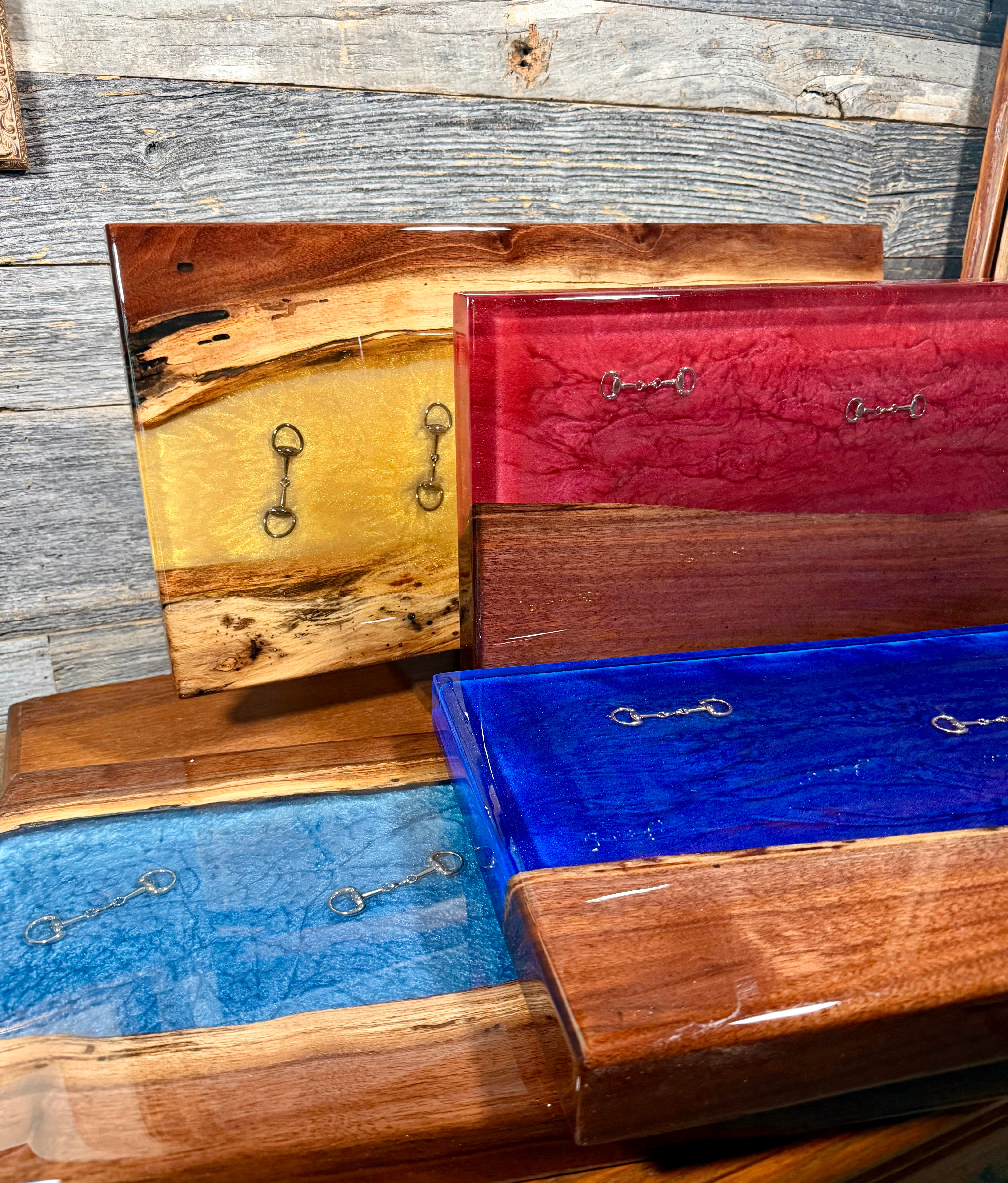 Handcrafted Live-Edge Black Walnut and Epoxy Resin Equestrian Serving Boards