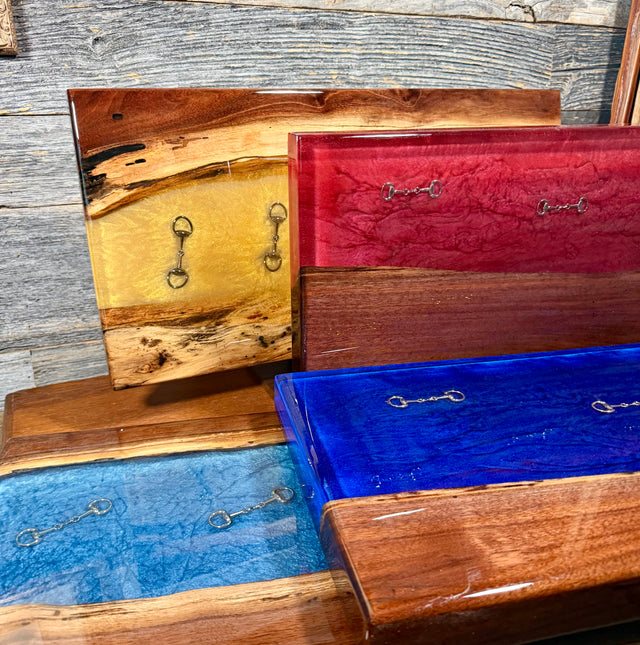 Handmade Live-Edge Dark Walnut and Epoxy Resin Equestrian Serving Boards