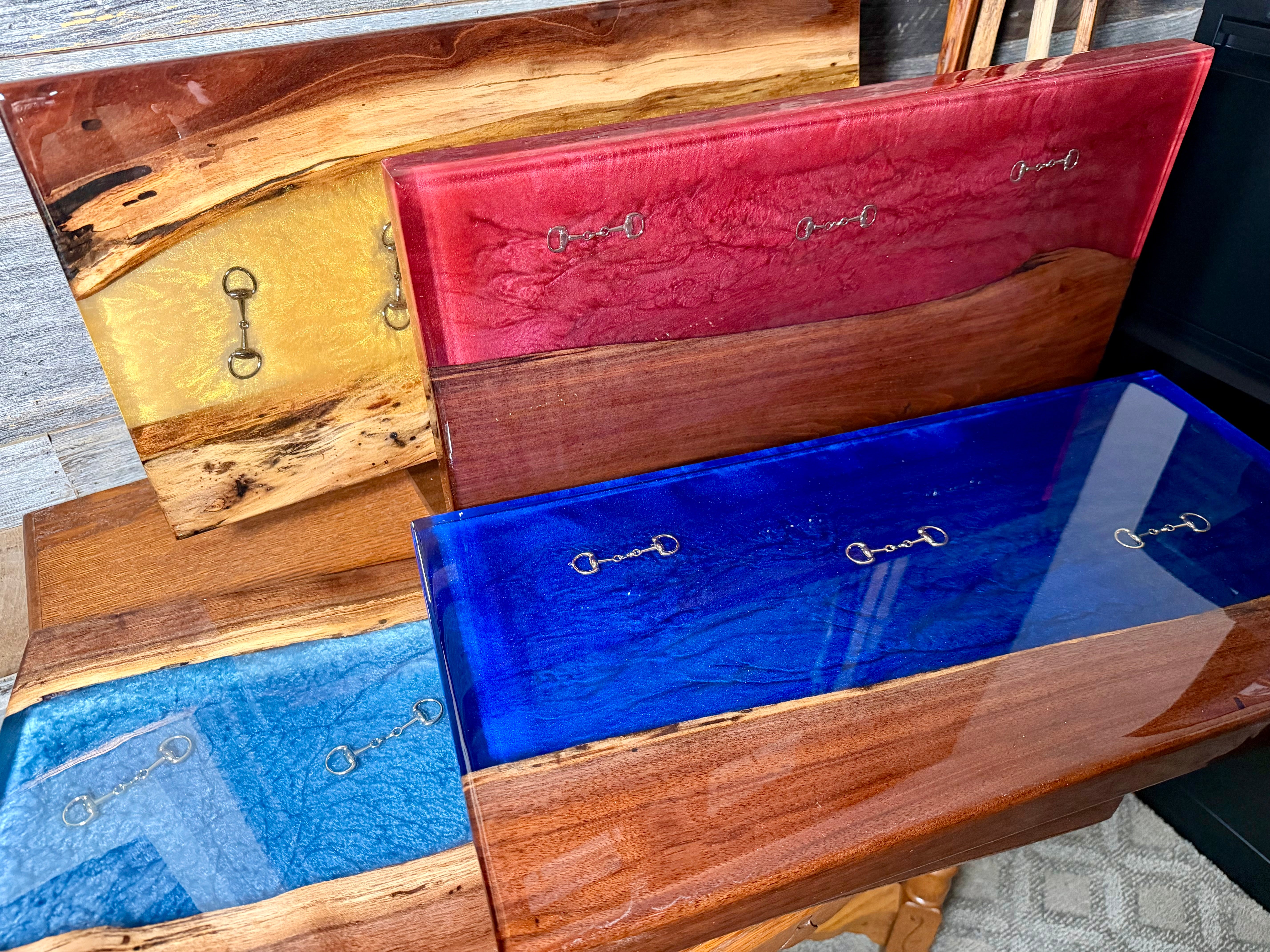 Handcrafted Live-Edge Black Walnut and Epoxy Resin Equestrian Serving Boards