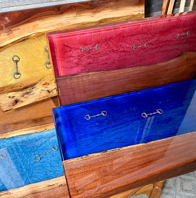 Handmade Live-Edge Dark Walnut and Epoxy Resin Equestrian Serving Boards