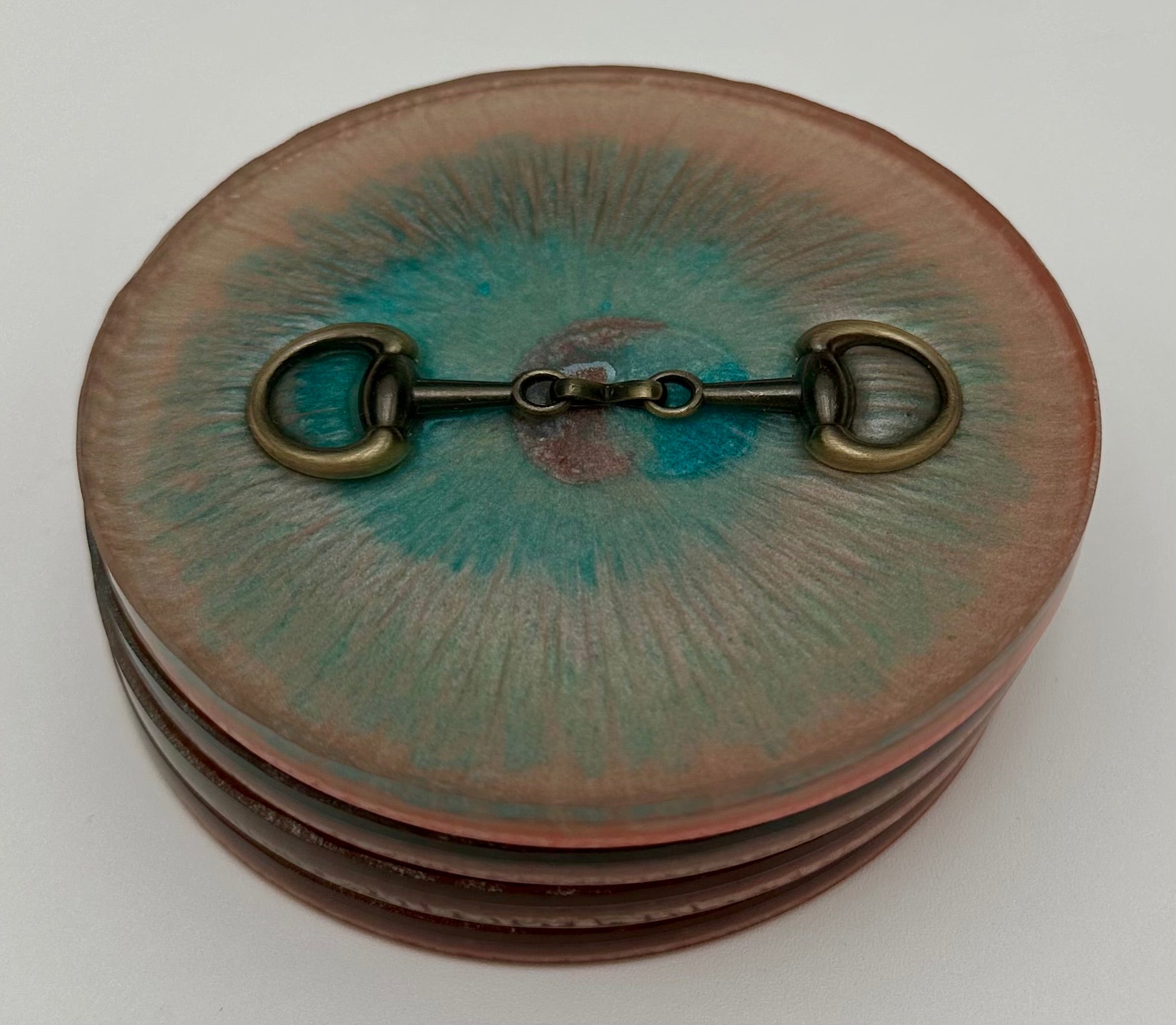 Handcrafted Round Resin Coasters with Bridle Bit Inlay, Set of 4