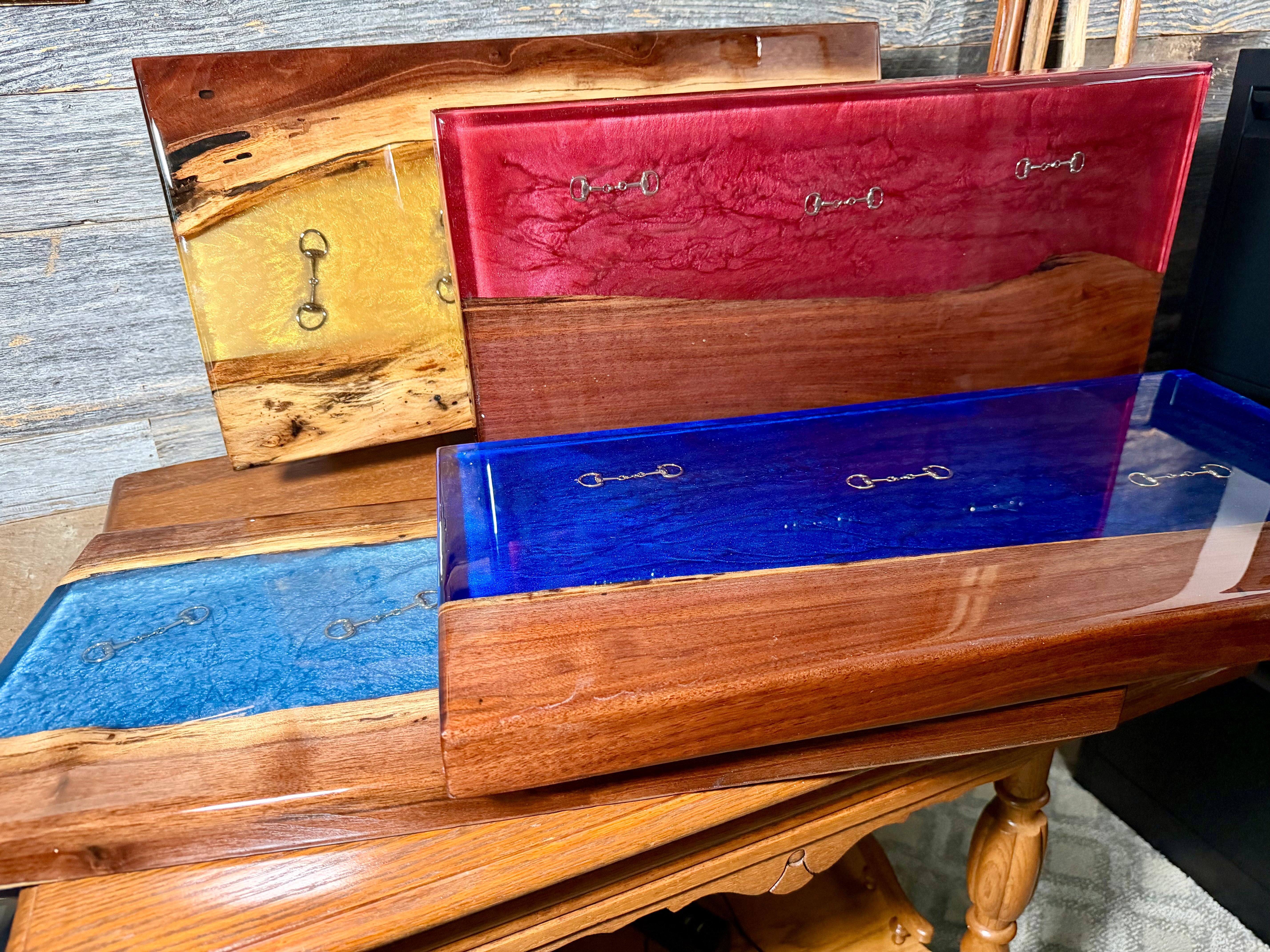 Handcrafted Live-Edge Black Walnut and Epoxy Resin Equestrian Serving Boards
