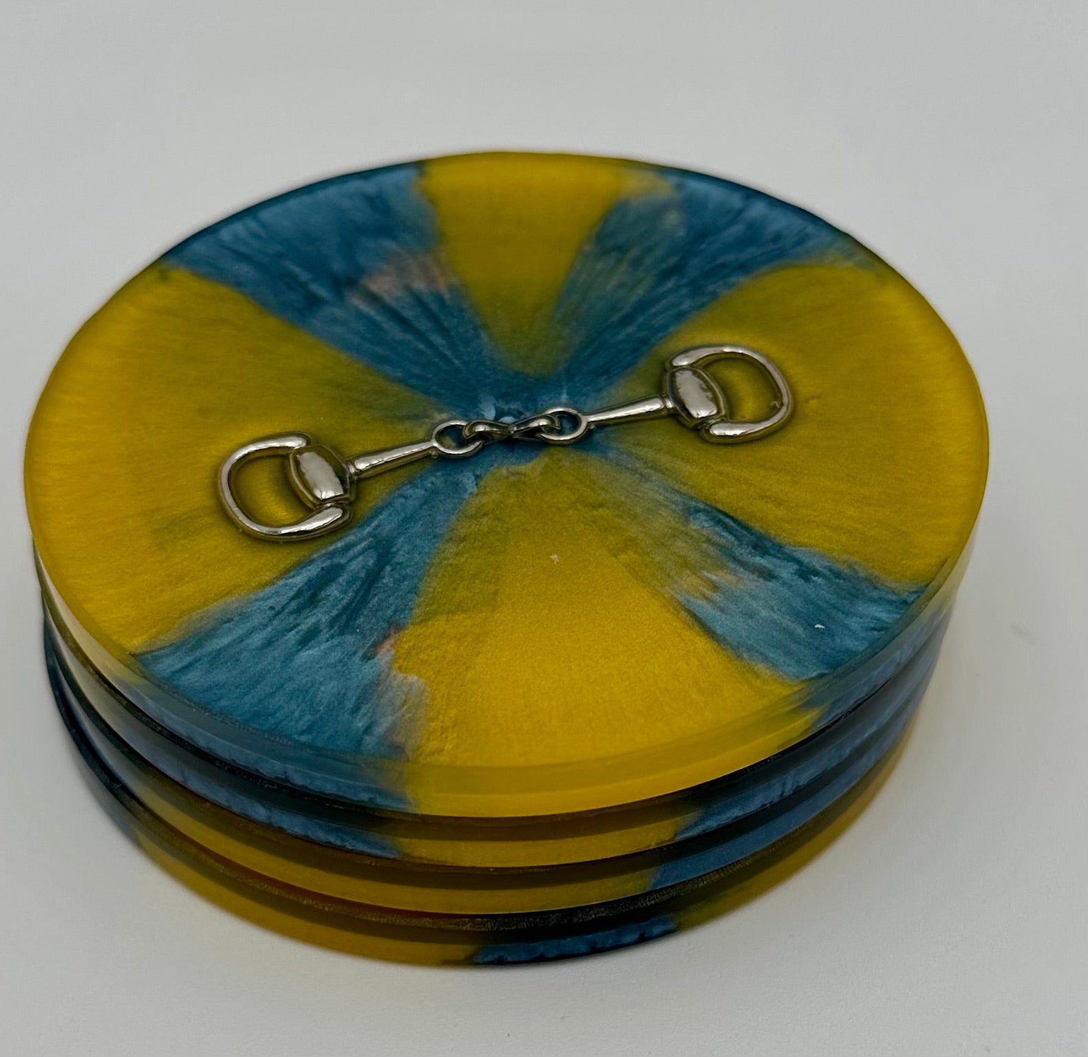 Handcrafted Round Resin Coasters with Bridle Bit Inlay, Set of 4