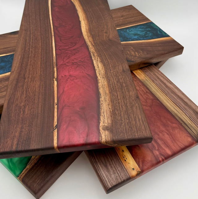 Handmade Live-Edge Black Walnut and Epoxy Resin River Boards