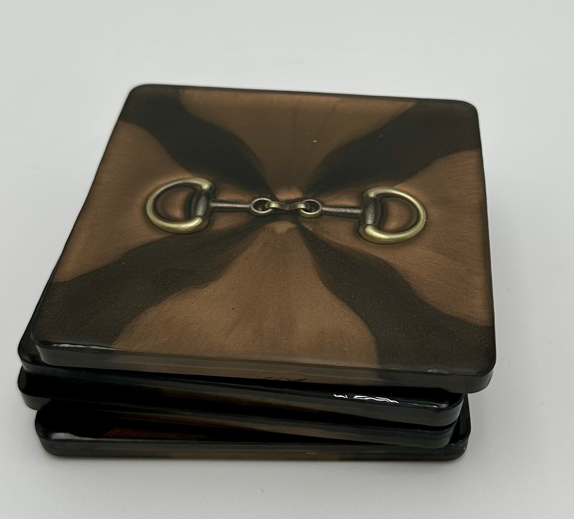 Handcrafted Square Resin Coasters with Bridle Bit Inlay, Set of 4