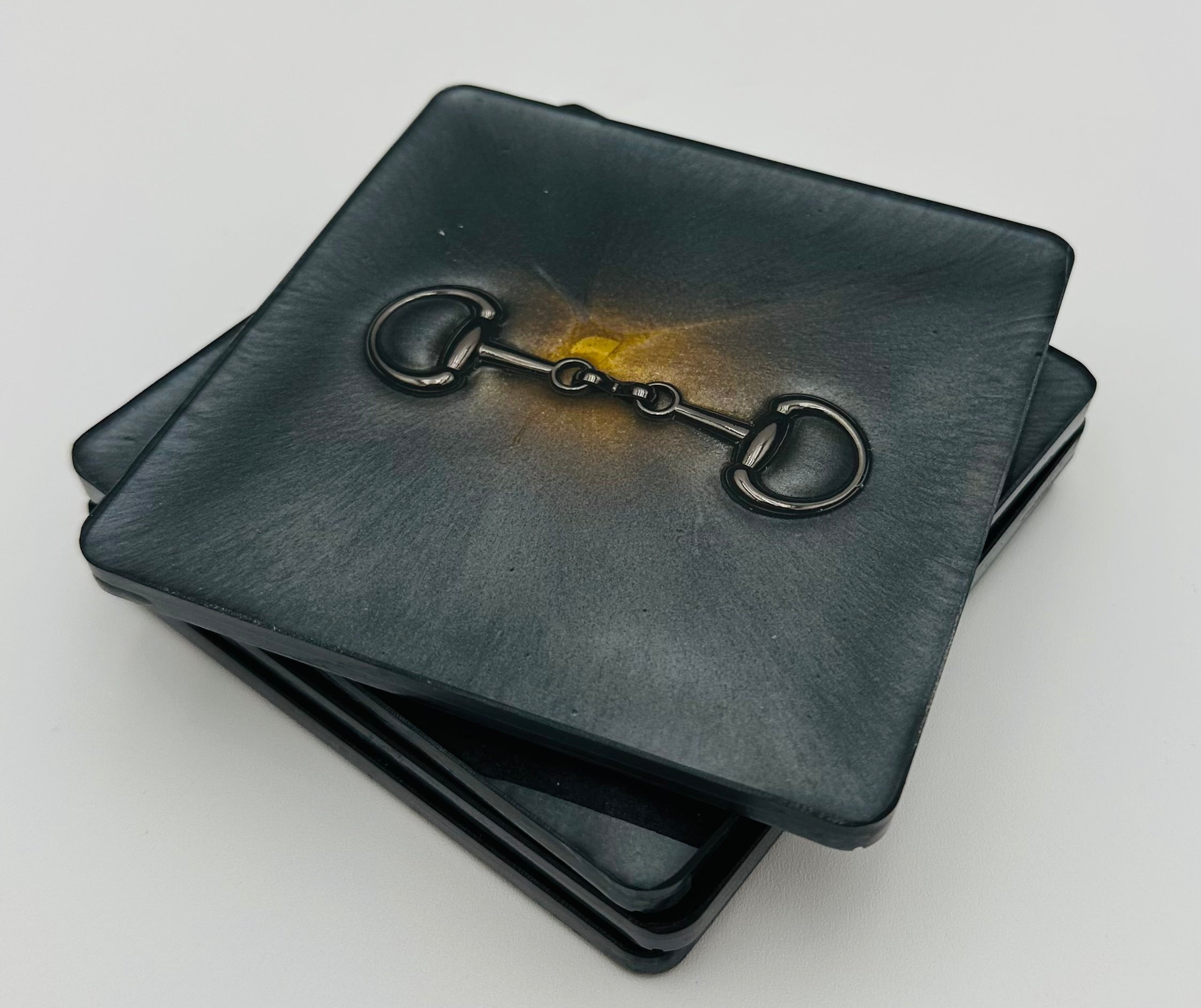 Handcrafted Square Resin Coasters with Bridle Bit Inlay, Set of 4