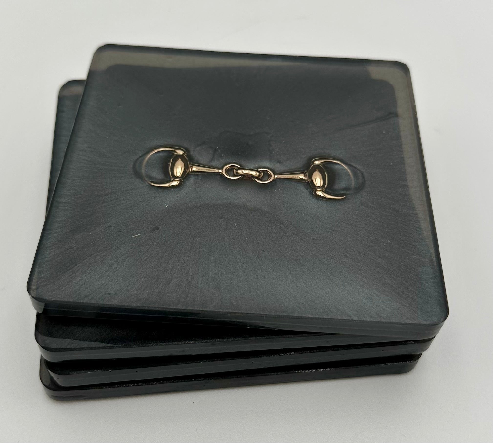 Handcrafted Square Resin Coasters with Bridle Bit Inlay, Set of 4