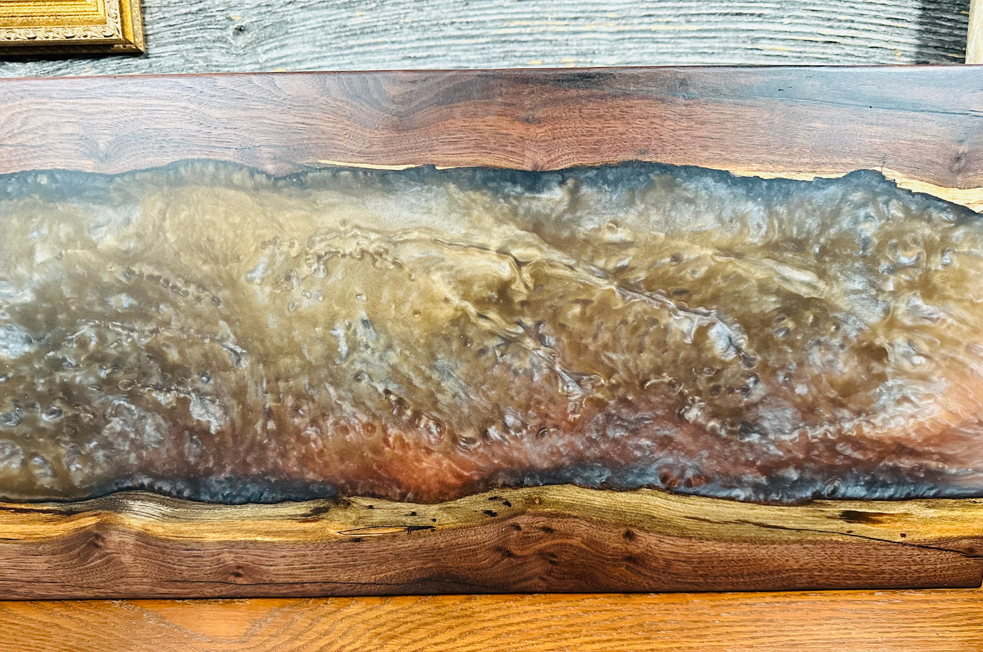 Handcrafted Black Walnut Live Edge Charcuterie Board with Metallic Resin River