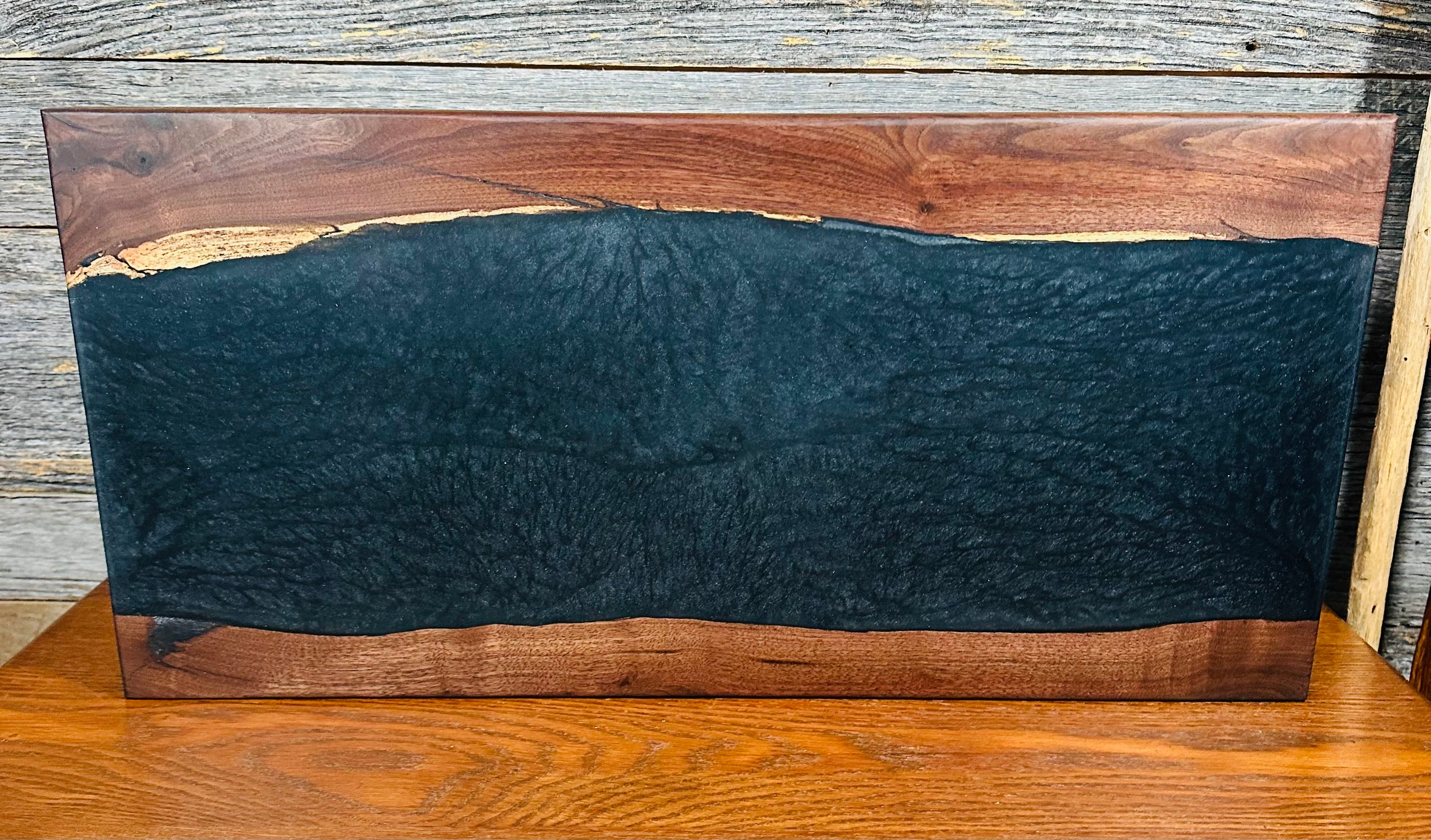 Handcrafted Black Walnut Live Edge Charcuterie Board with Deep Black Resin River
