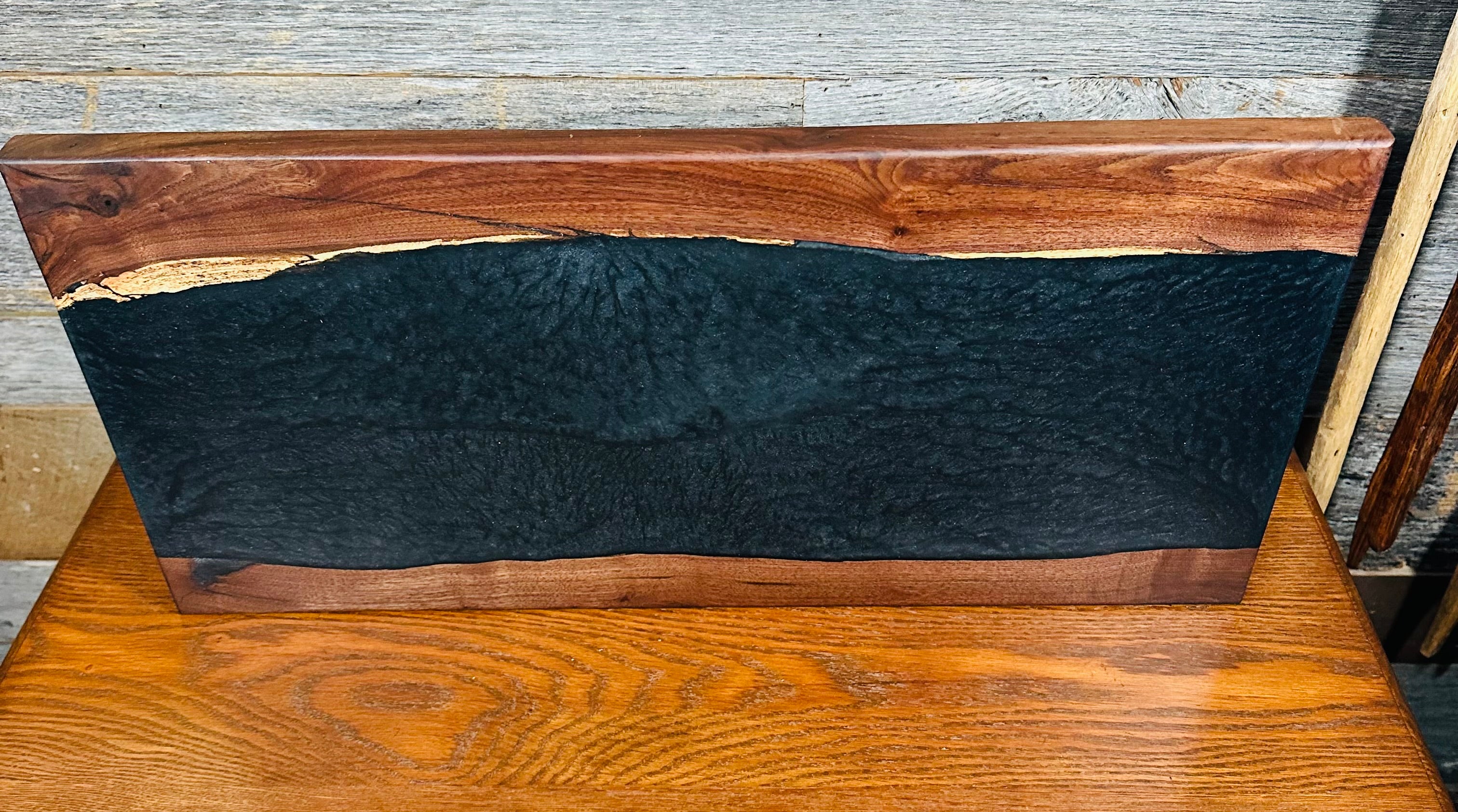 Handcrafted Black Walnut Live Edge Charcuterie Board with Deep Black Resin River