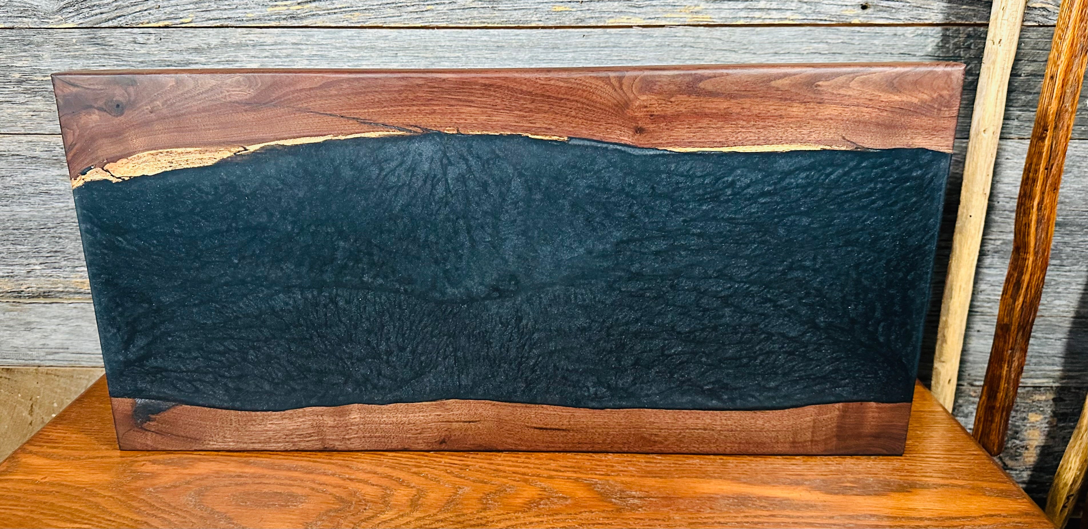 Handcrafted Black Walnut Live Edge Charcuterie Board with Deep Black Resin River