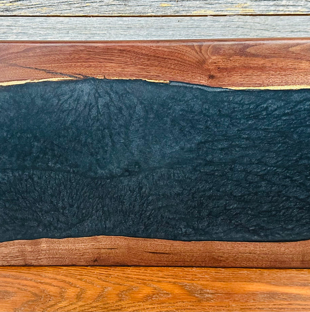 Handcrafted Black Walnut Live Edge Charcuterie Board with Deep Black Resin River