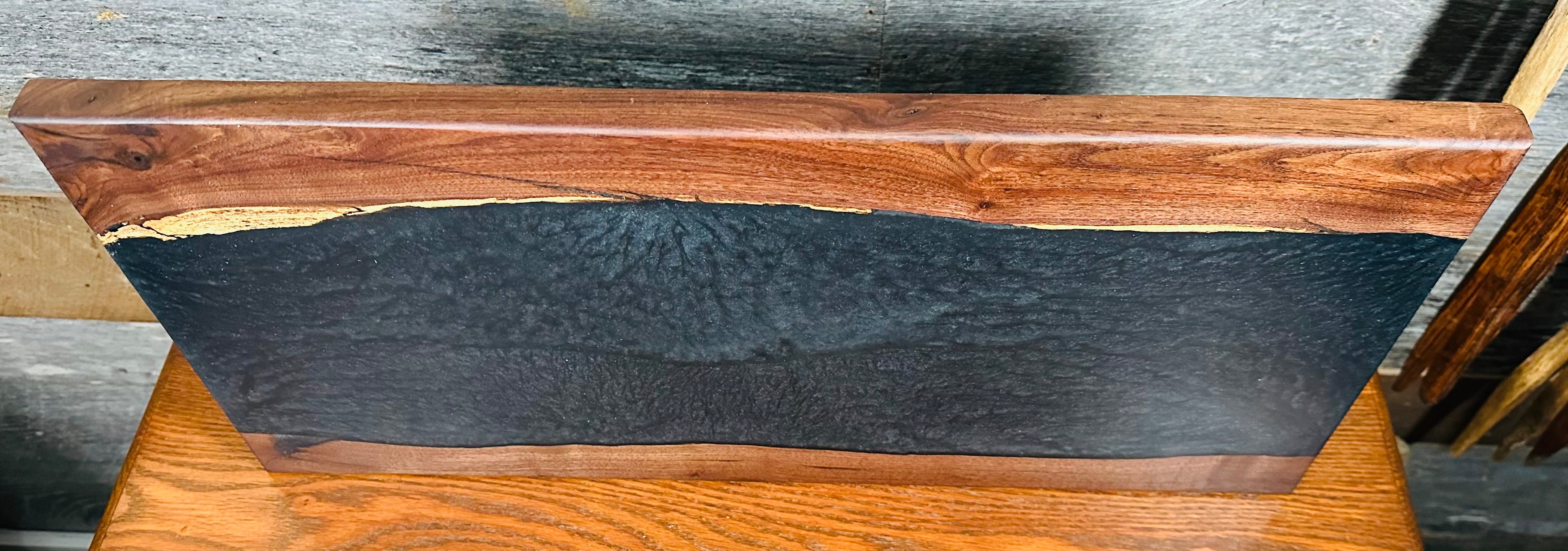 Handcrafted Black Walnut Live Edge Charcuterie Board with Deep Black Resin River