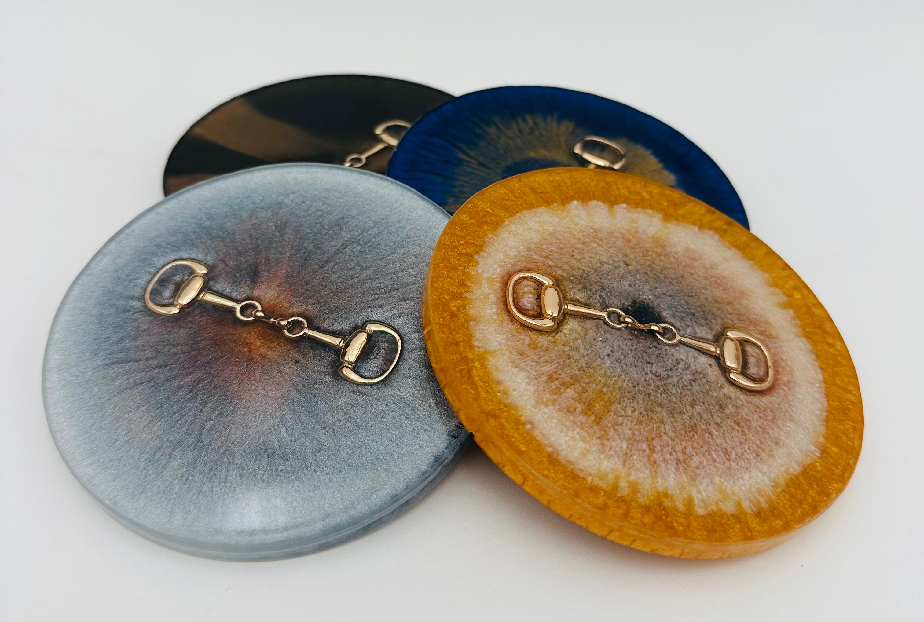 Handcrafted Round Resin Coasters with Bridle Bit Inlay, Set of 4