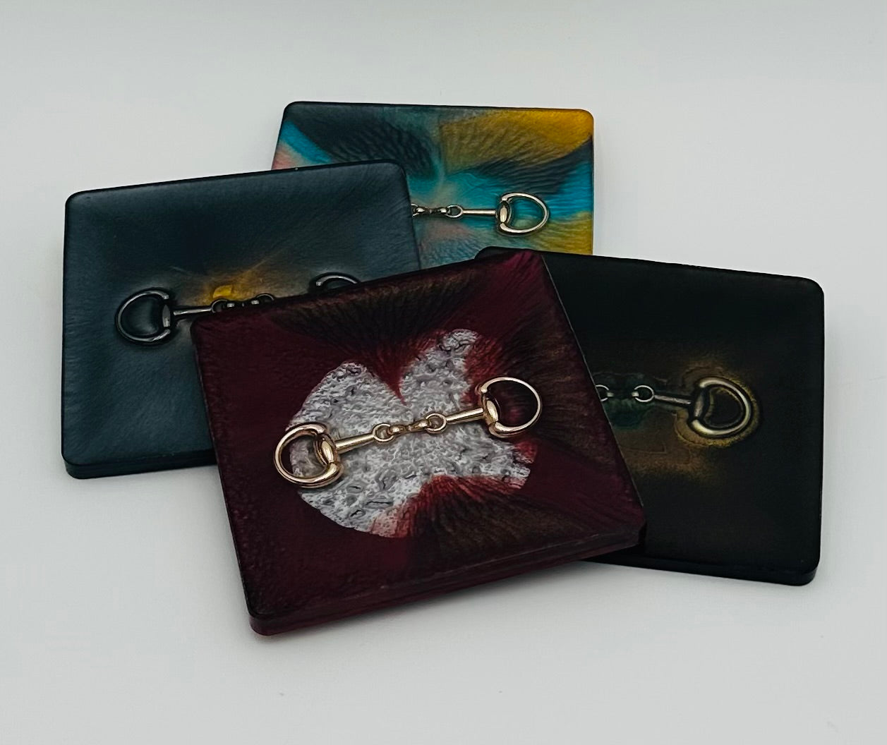 Handcrafted Square Resin Coasters with Bridle Bit Inlay, Set of 4