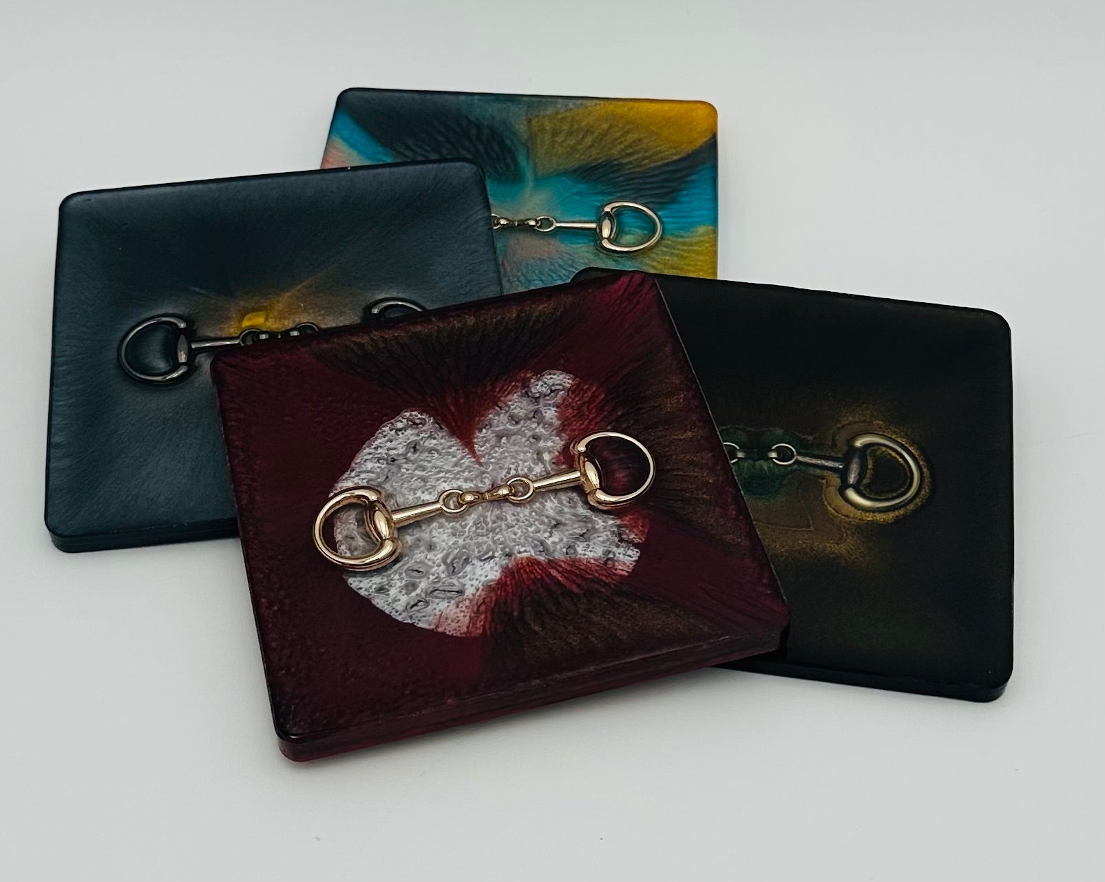 Handcrafted Square Resin Coasters with Bridle Bit Inlay, Set of 4
