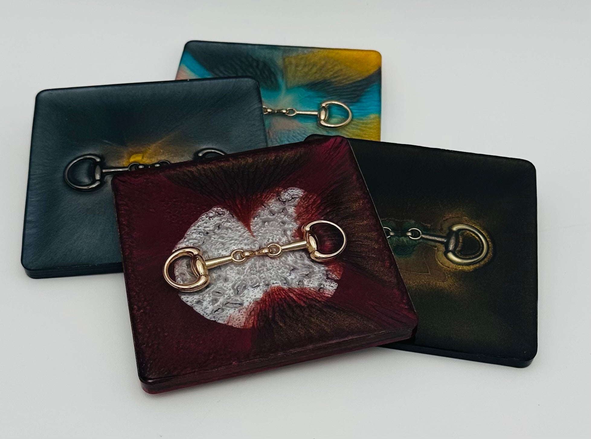 Handcrafted Square Resin Coasters with Bridle Bit Inlay, Set of 4