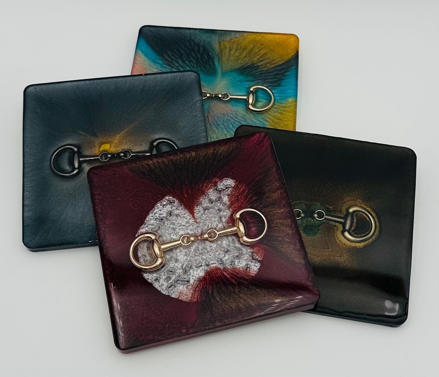 Handcrafted Square Resin Coasters with Bridle Bit Inlay, Set of 4