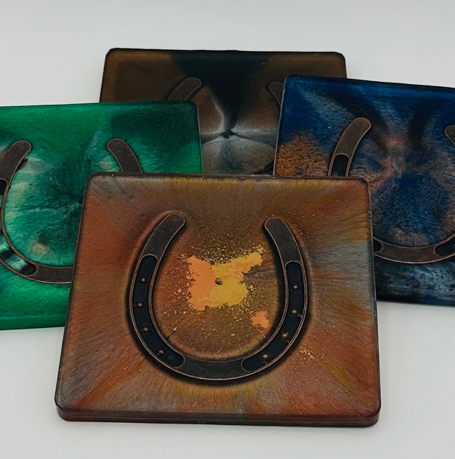 Handcrafted Square Resin Coasters with Bridle Bit Inlay, Set of 4