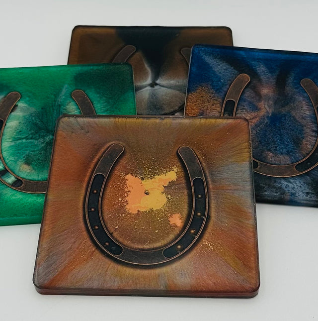 Handcrafted Square Resin Coasters with Bridle Bit Inlay, Set of 4