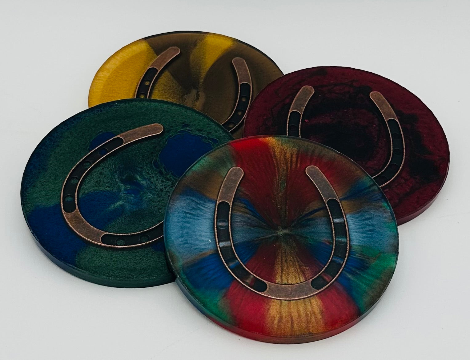 Handcrafted Equestrian Themed Resin Coasters with Antique Brass Horseshoe Inlay, Set of 4 Round