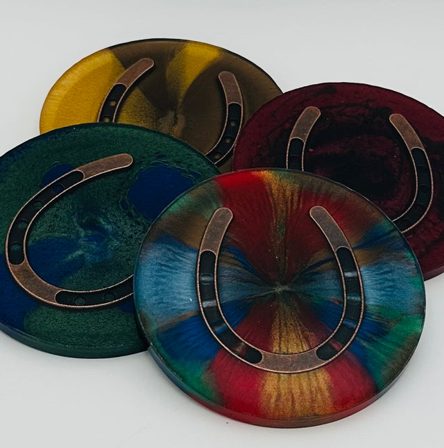 Handcrafted Equestrian Themed Resin Coasters with Antique Brass Horseshoe Inlay, Set of 4 Round