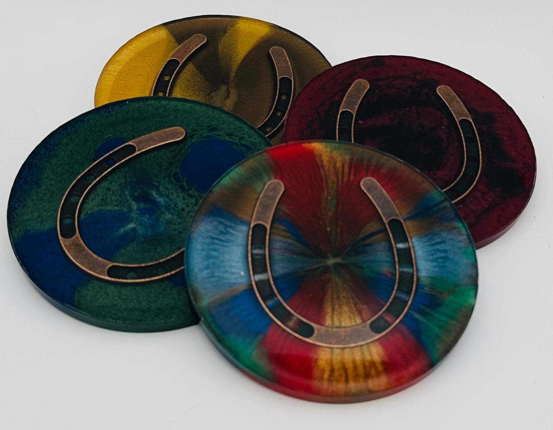 Handcrafted Equestrian Themed Resin Coasters with Antique Brass Horseshoe Inlay, Set of 4 Round