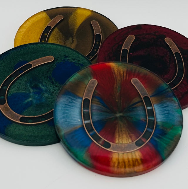 Handcrafted Equestrian Themed Resin Coasters with Antique Brass Horseshoe Inlay, Set of 4 Round