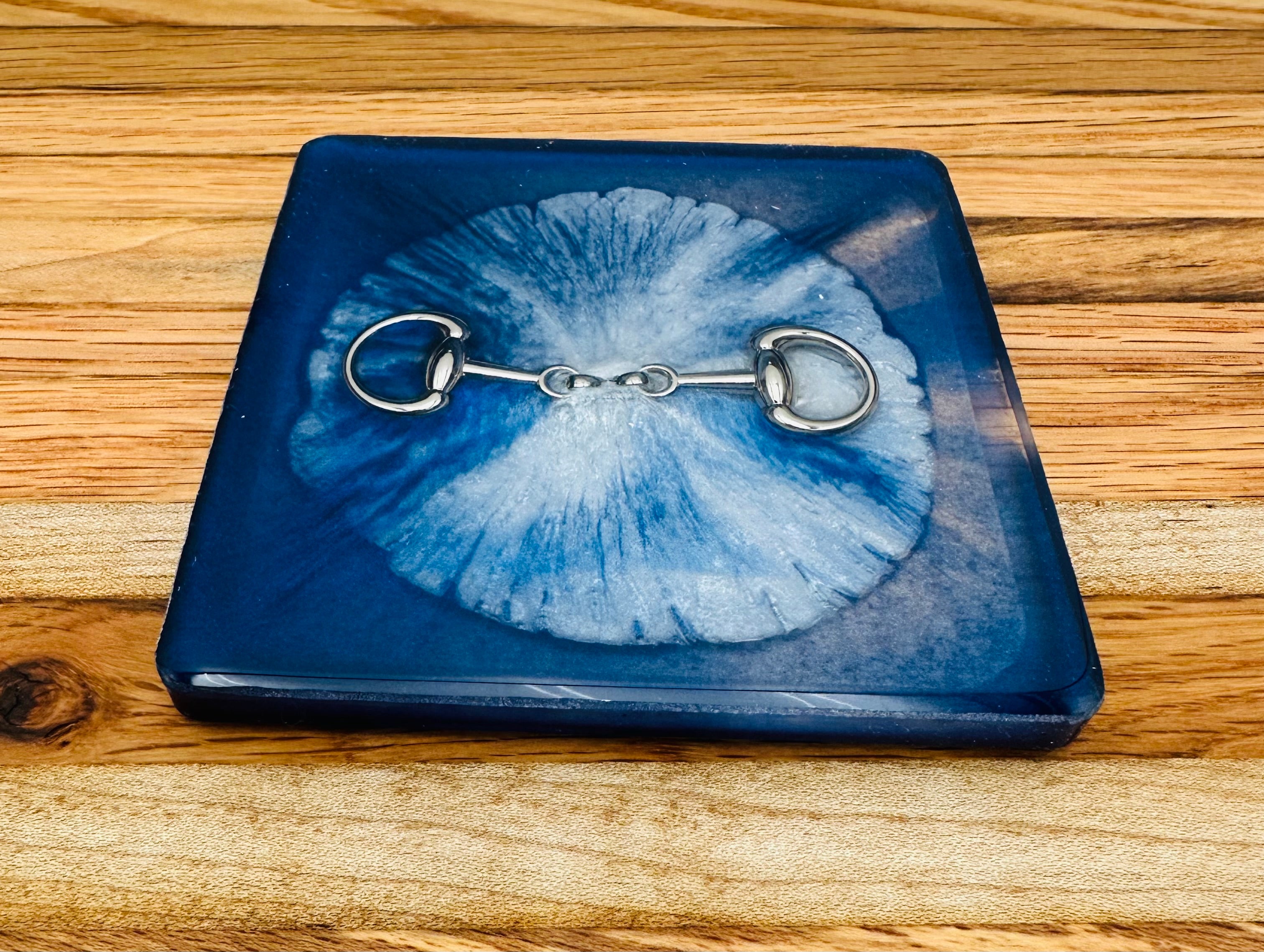 Handcrafted Square Resin Coasters with Bridle Bit Inlay, Set of 4
