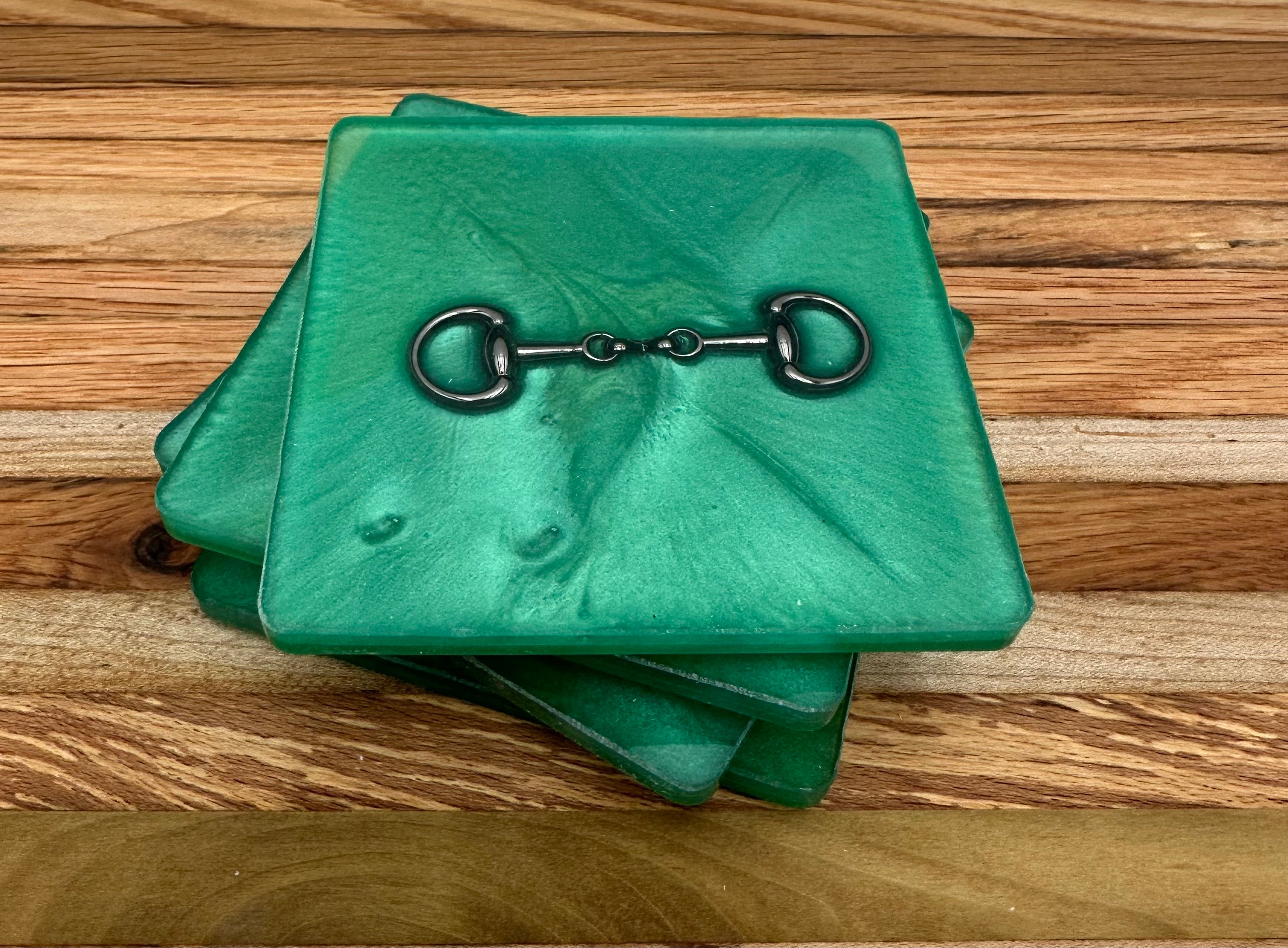 Handcrafted Square Resin Coasters with Bridle Bit Inlay, Set of 4
