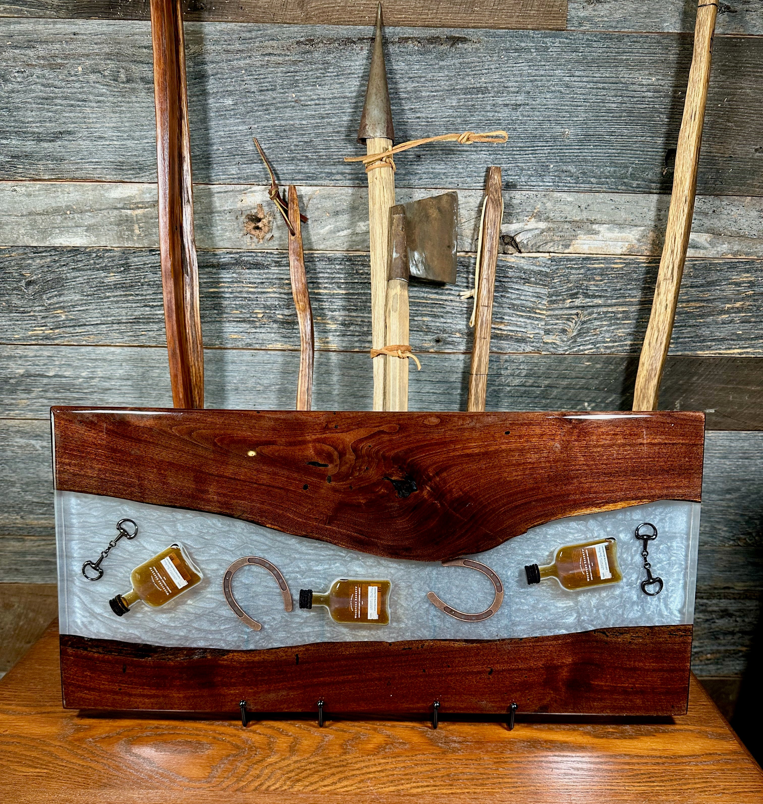 Handcrafted Black Walnut Charcuterie Board with White Resin, Bourbon, Horseshoe & Bridle Bit Center: A Toast to Kentucky Tradition