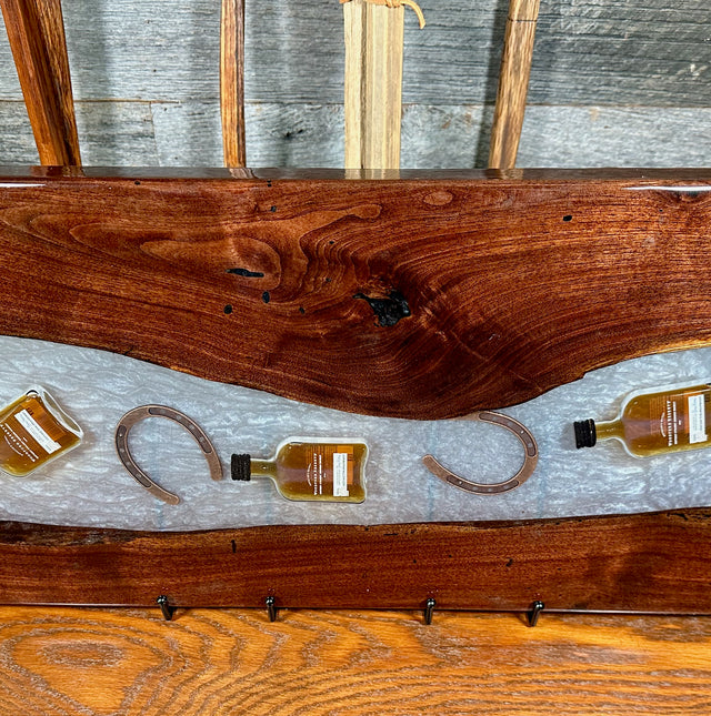 Handcrafted Black Walnut Charcuterie Board with White Resin, Bourbon, Horseshoe & Bridle Bit Center: A Toast to Kentucky Tradition